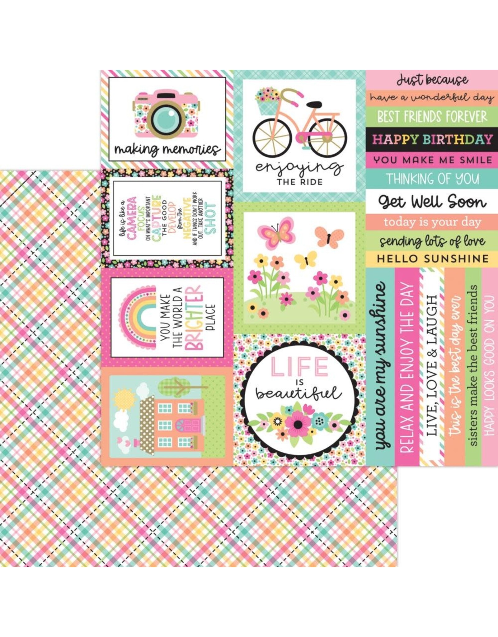 DOODLEBUG DESIGN DOODLEBUG DESIGN HELLO AGAIN PATCHWORK PLAID 12x12 DOUBLE SIDED CARDSTOCK