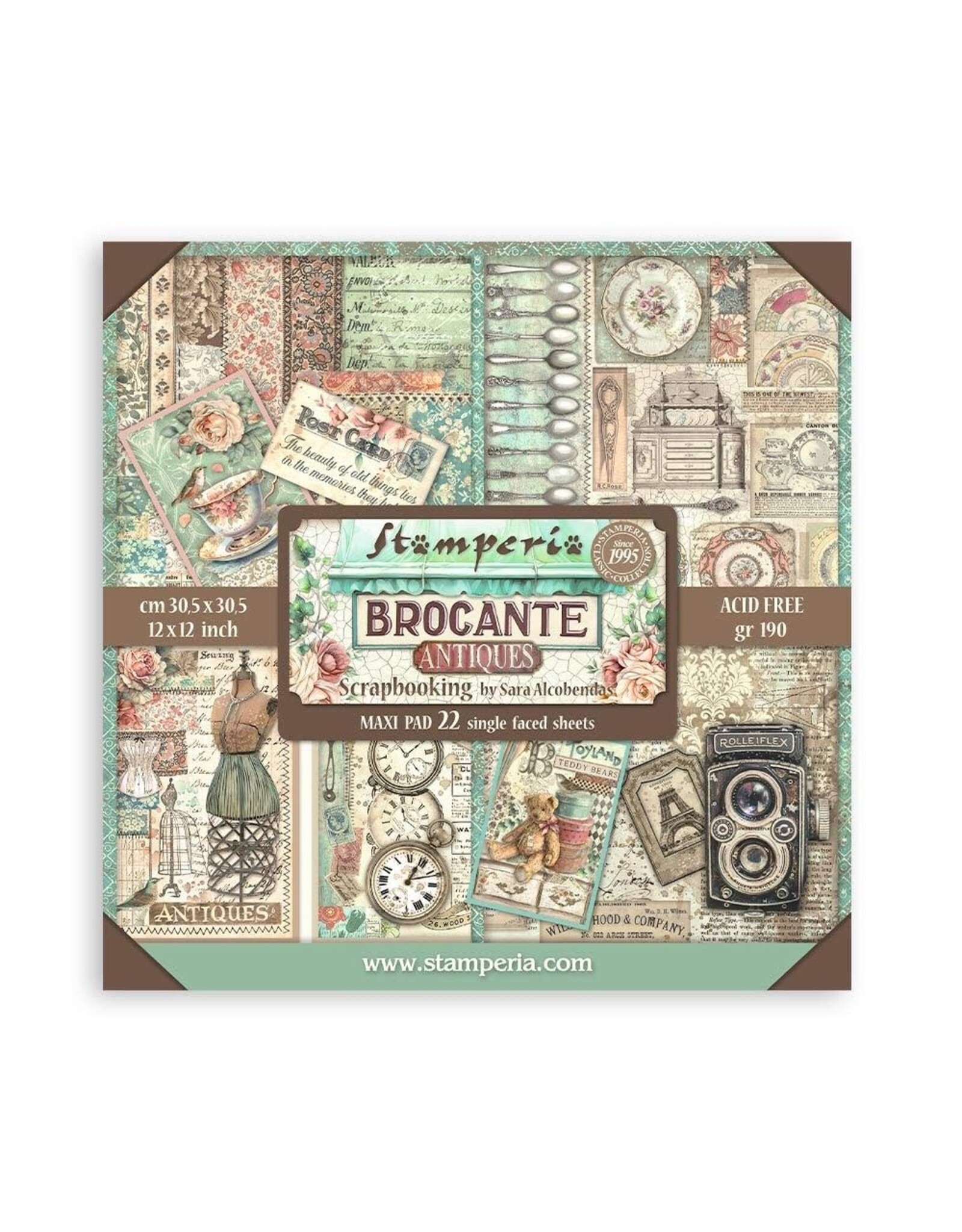 STAMPERIA STAMPERIA BROCANTE ANTIQUES MAXI PAD 12x12 PAPER PACK 22 SHEETS SINGLE SIDED