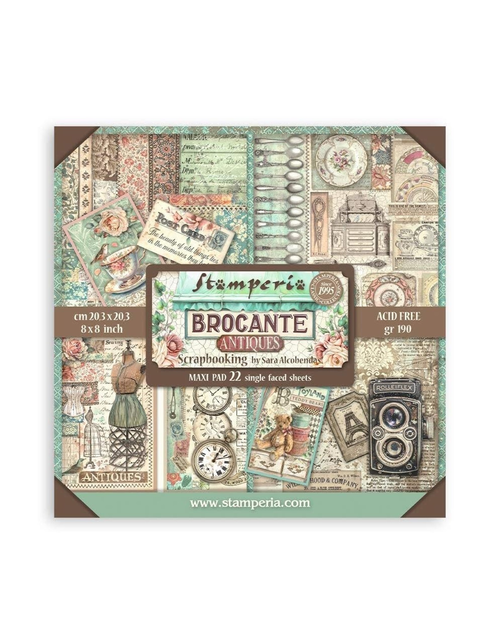 STAMPERIA STAMPERIA BROCANTE ANTIQUES MAXI PAD 8x8 PAPER PACK 22 SINGLE FACED SHEETS