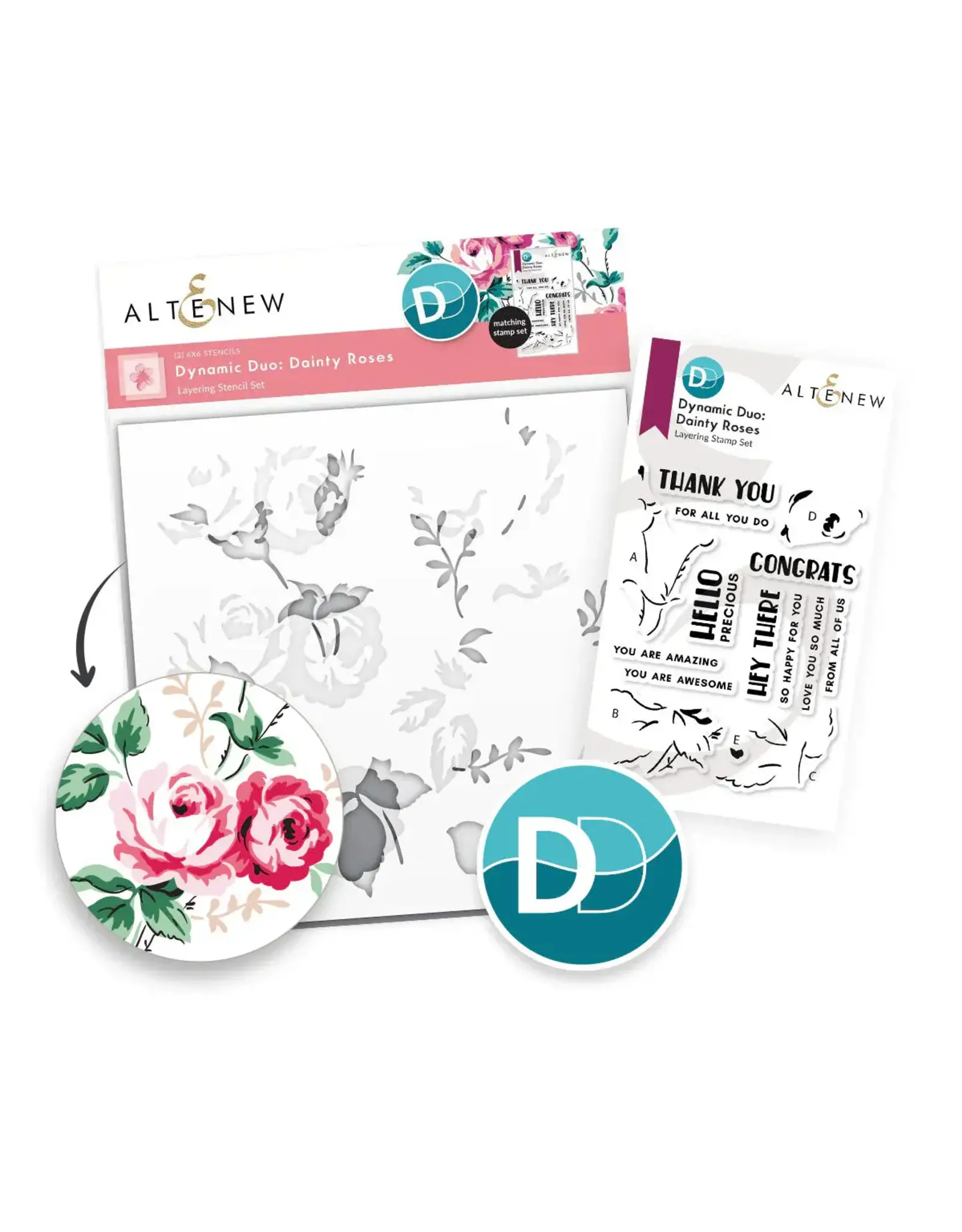ALTENEW ALTENEW DYNAMIC DUO: DAINTY ROSES LAYERING CLEAR STAMP AND STENCIL SET
