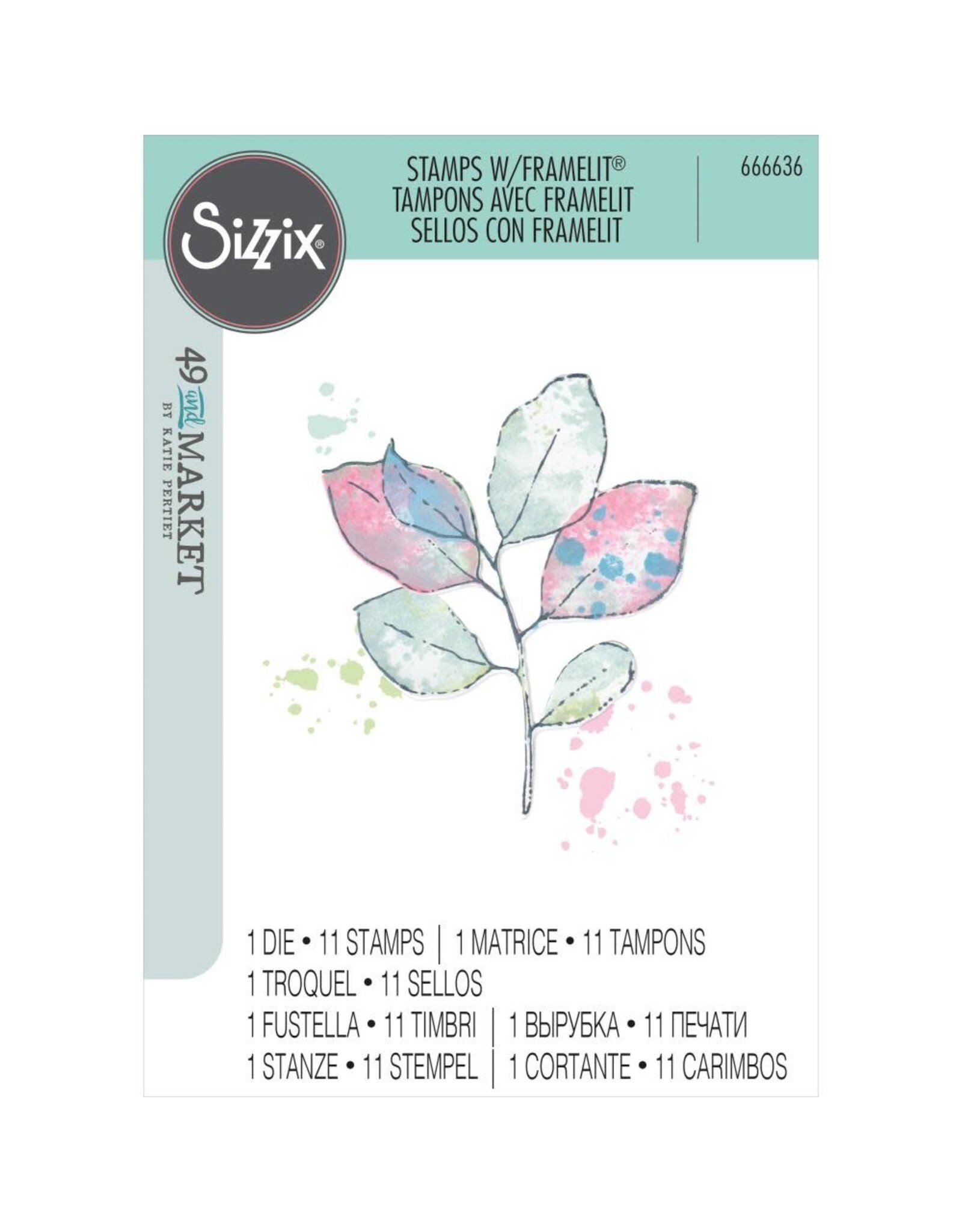 SIZZIX SIZZIX 49 AND MARKET PAINTED PENCIL LEAVES FRAMELITS DIE AND A5 CLEAR STAMP SET