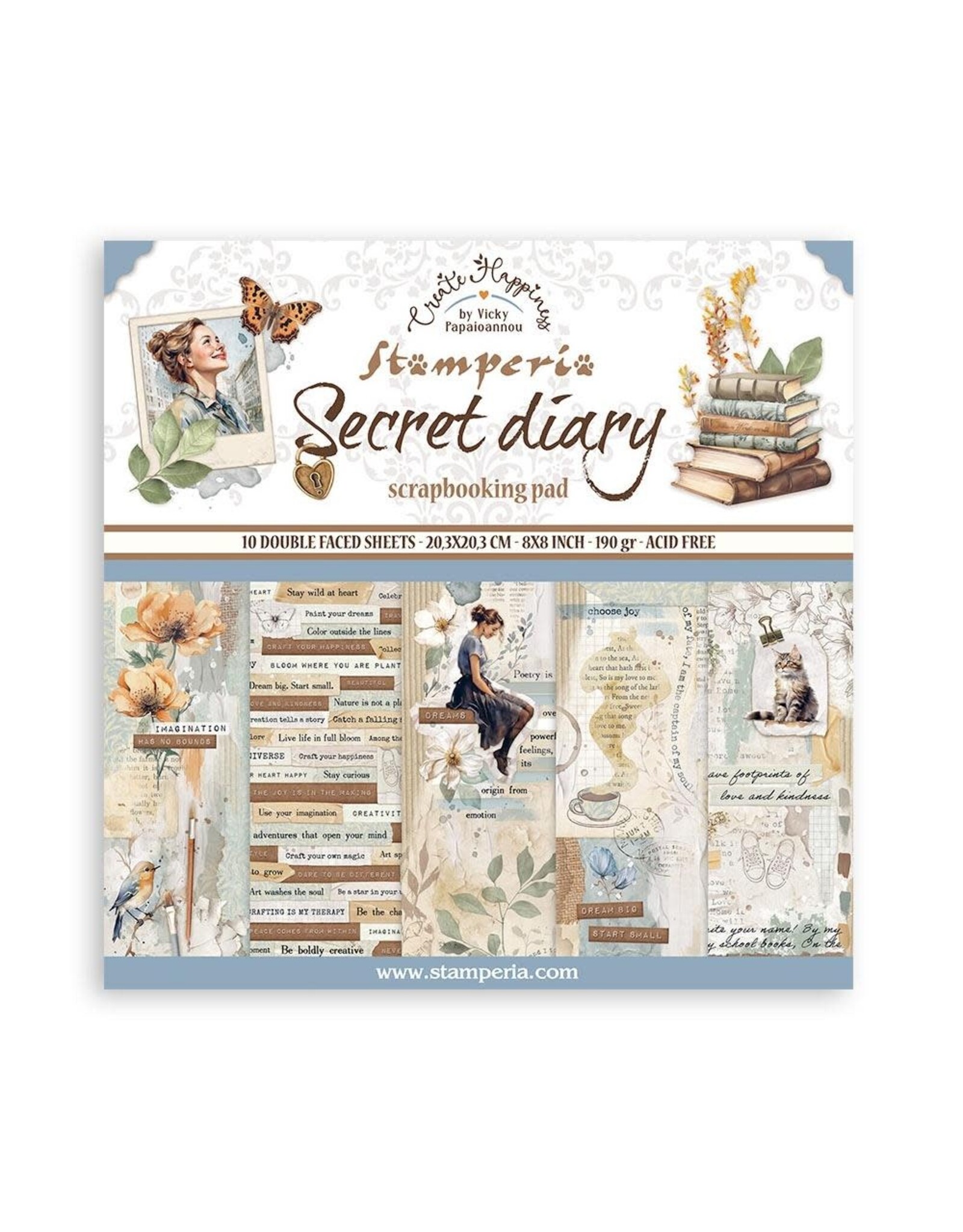 STAMPERIA STAMPERIA VICKY PAPAIOANNOU CREATE HAPPINESS SECRET DIARY 8x8 COLLECTION PACK 10 SHEETS