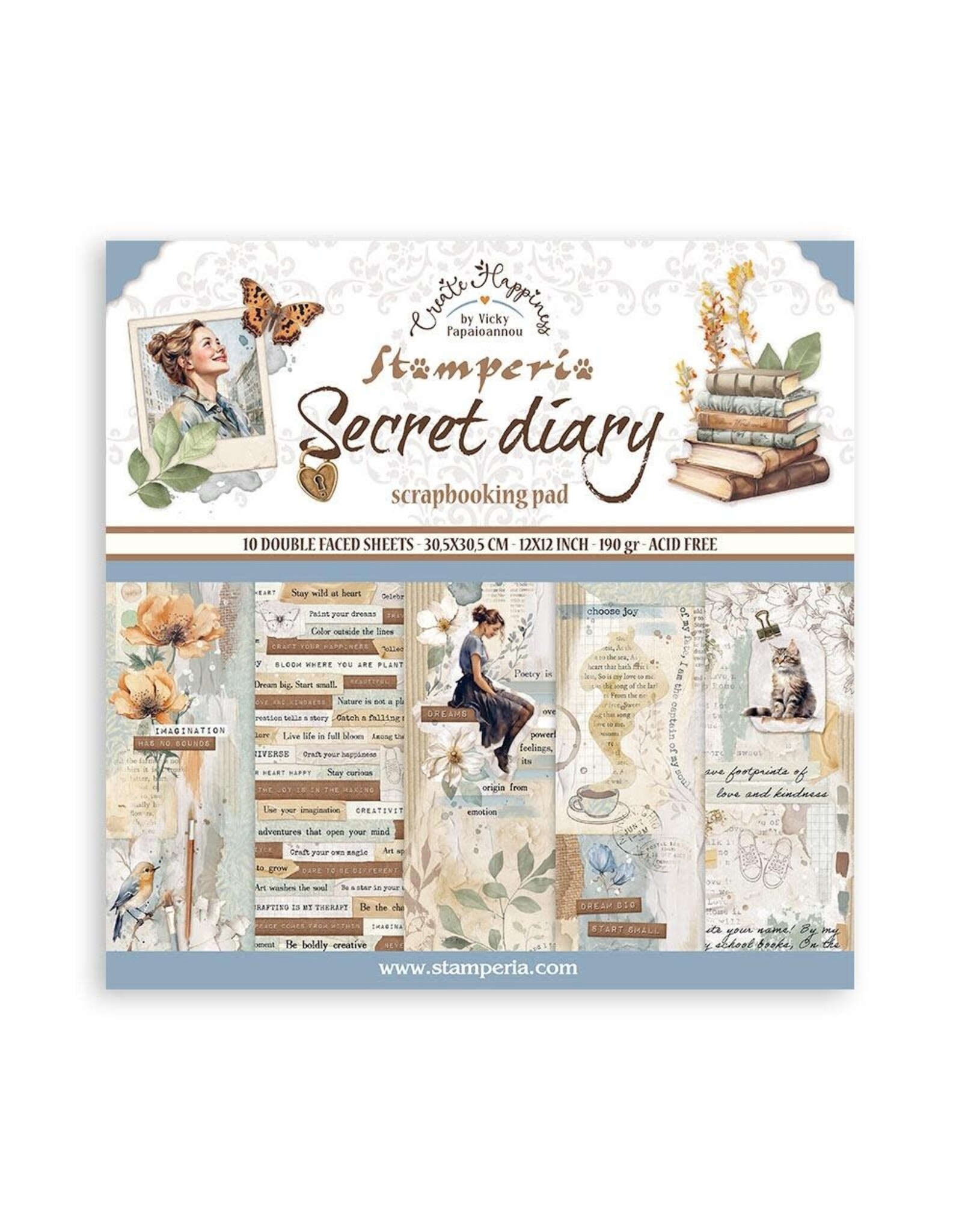 STAMPERIA STAMPERIA VICKY PAPAIOANNOU CREATE HAPPINESS SECRET DIARY 12X12 COLLECTION PACK 10 SHEETS