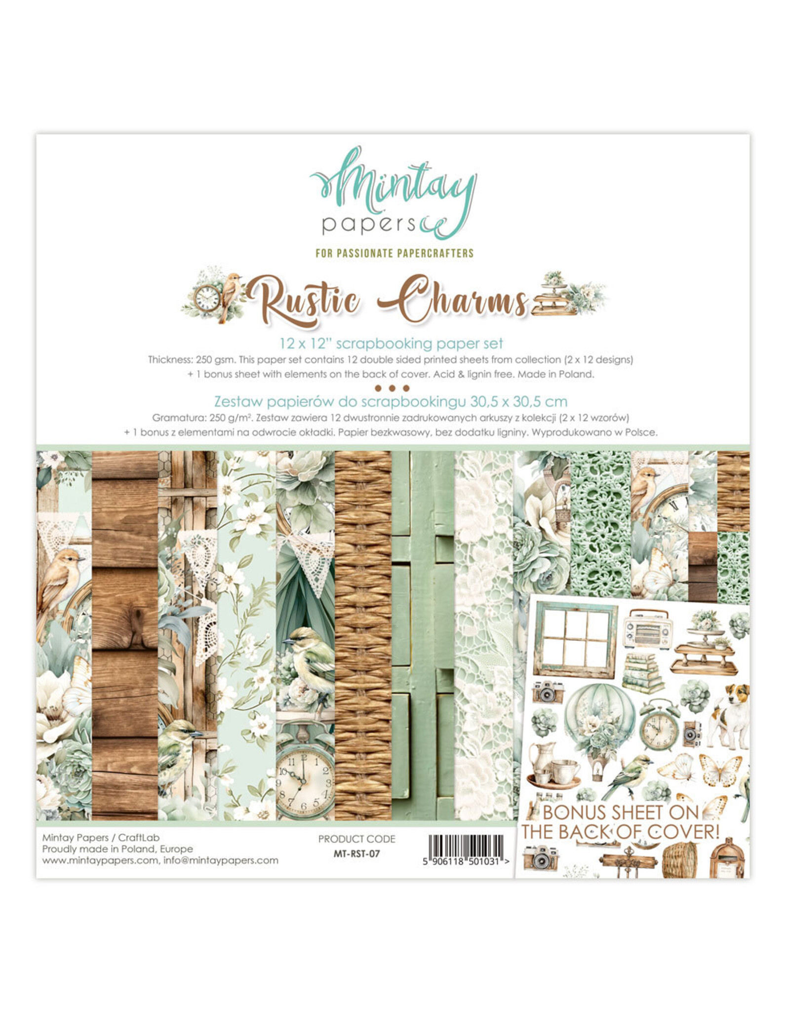 MINTAY MINTAY RUSTIC CHARMS 12x12 COLLECTION PACK 12 SHEETS + BONUS CUTOUTS