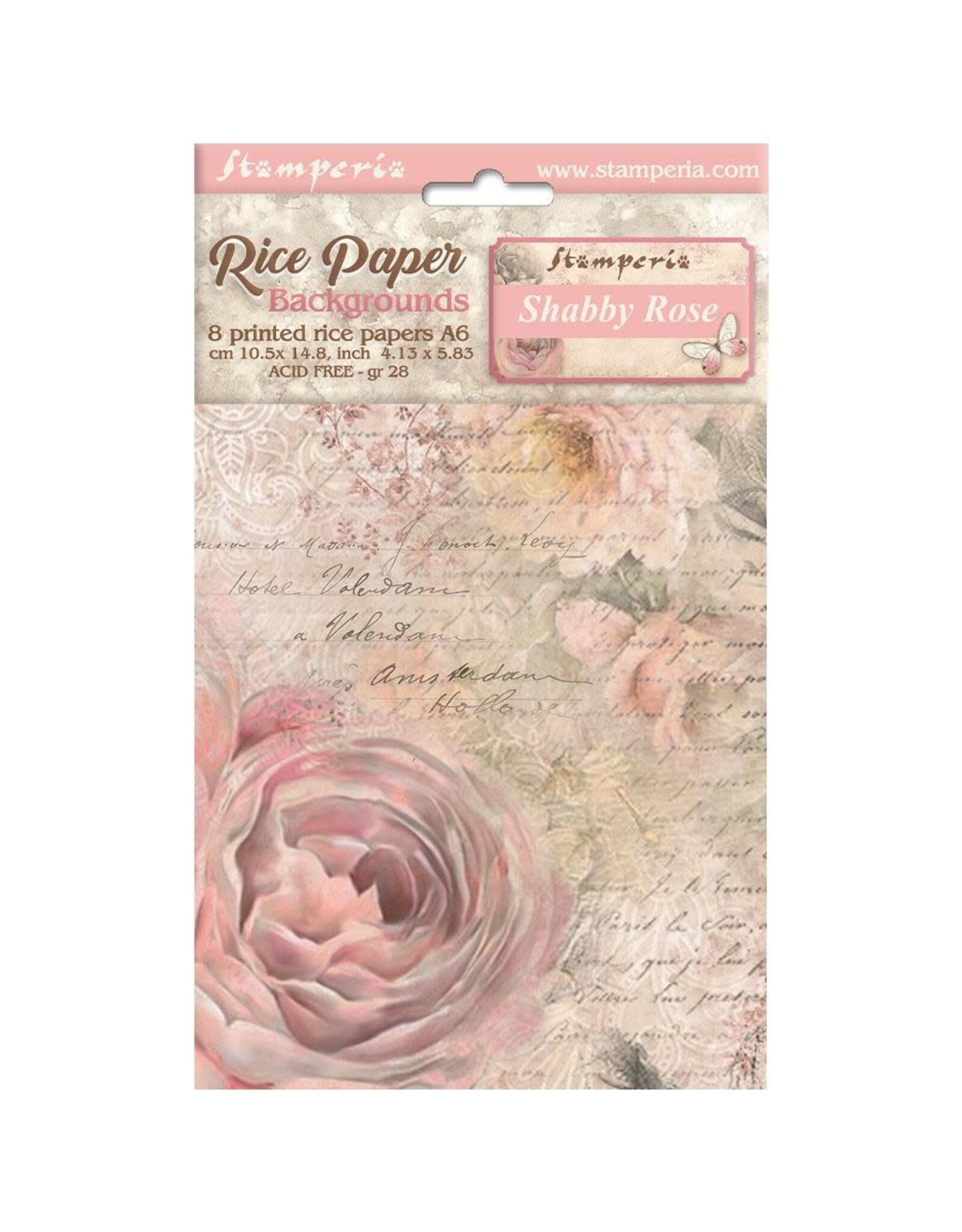 STAMPERIA STAMPERIA SHABBY ROSE ASSORTED A6 RICE PAPER BACKGROUNDS 8/PK