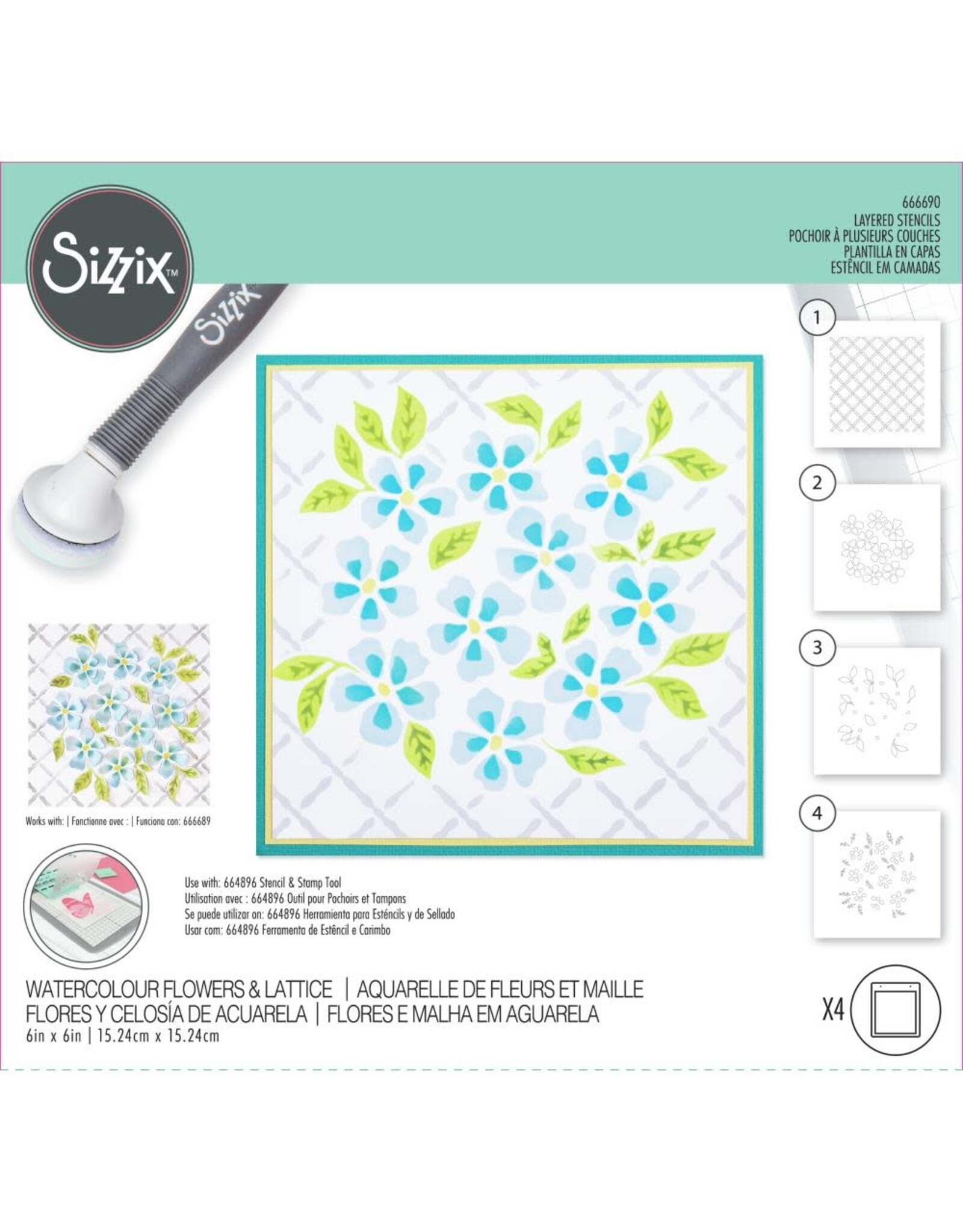 SIZZIX SIZZIX WATERCOLOR FLOWERS & LATTICE 6x6 LAYERED STENCIL SET 4/PK