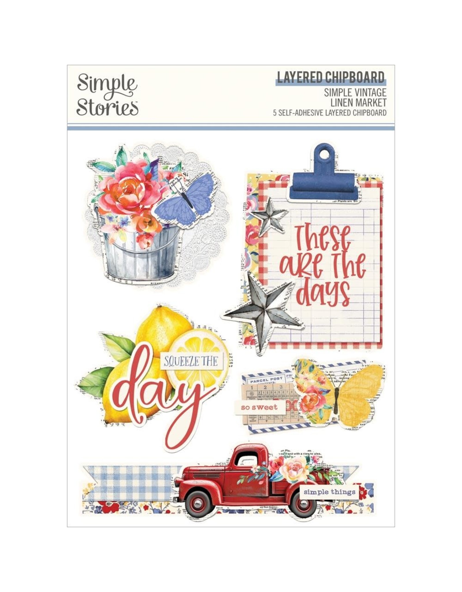 SIMPLE STORIES SIMPLE STORIES SIMPLE VINTAGE LINEN MARKET LAYERED CHIPBOARD STICKERS 5/PK