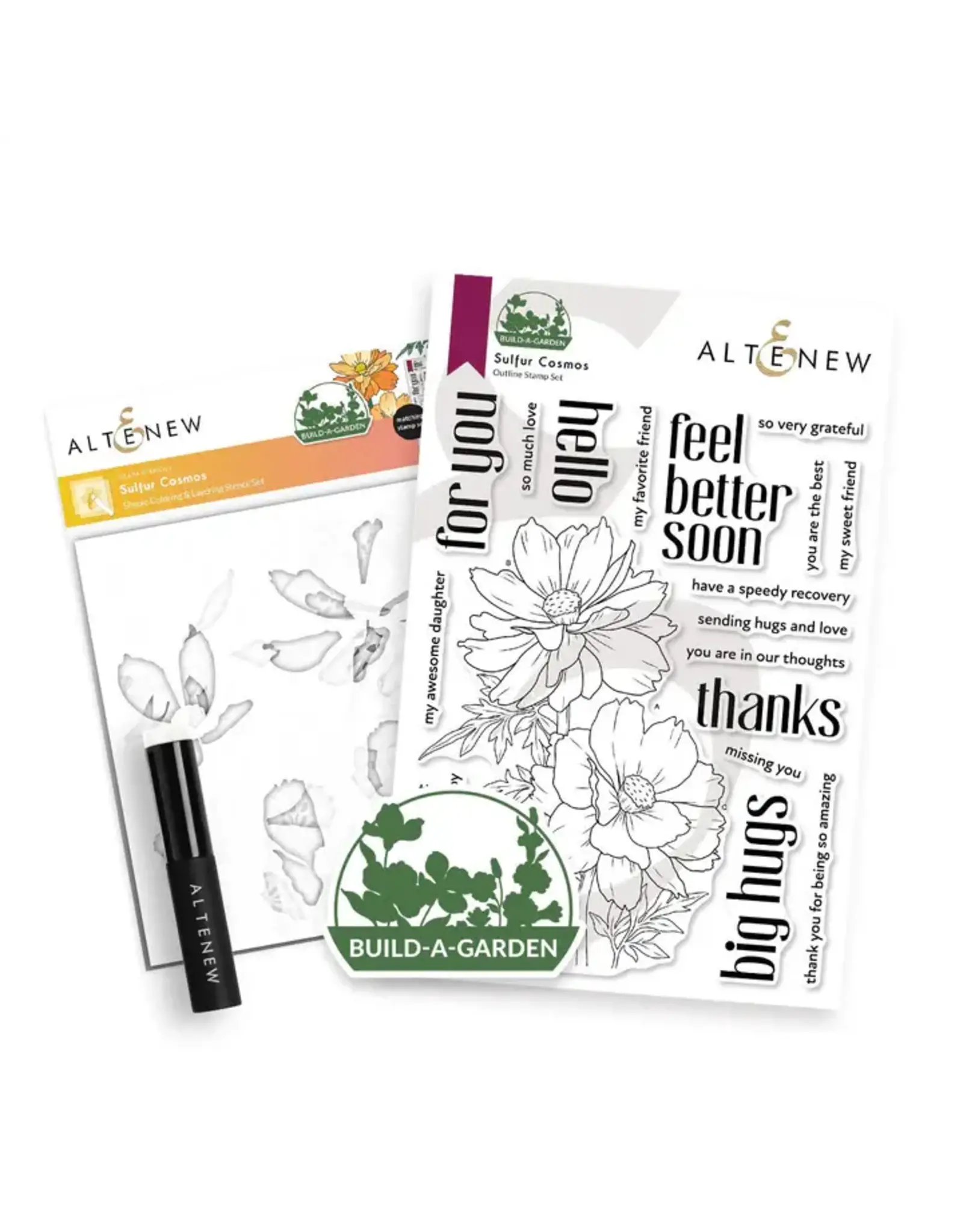 ALTENEW ALTENEW BUILD-A-GARDEN SULFUR COSMOS OUTLINE CLEAR STAMP AND STENCIL SET BUNDLE