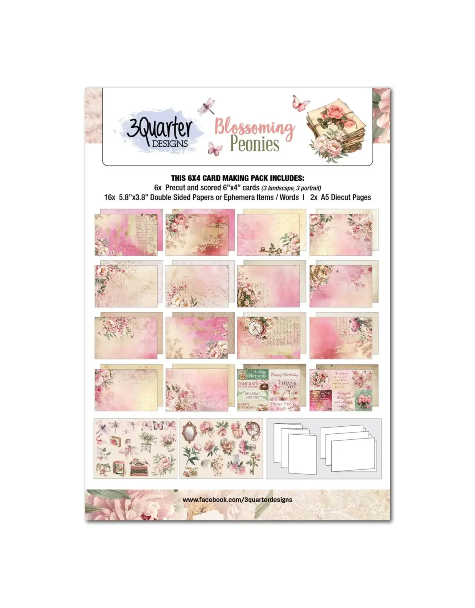 3QUARTER DESIGNS 3QUARTER DESIGNS BLOSSOMING PEONIES 6x4 CARD PACK