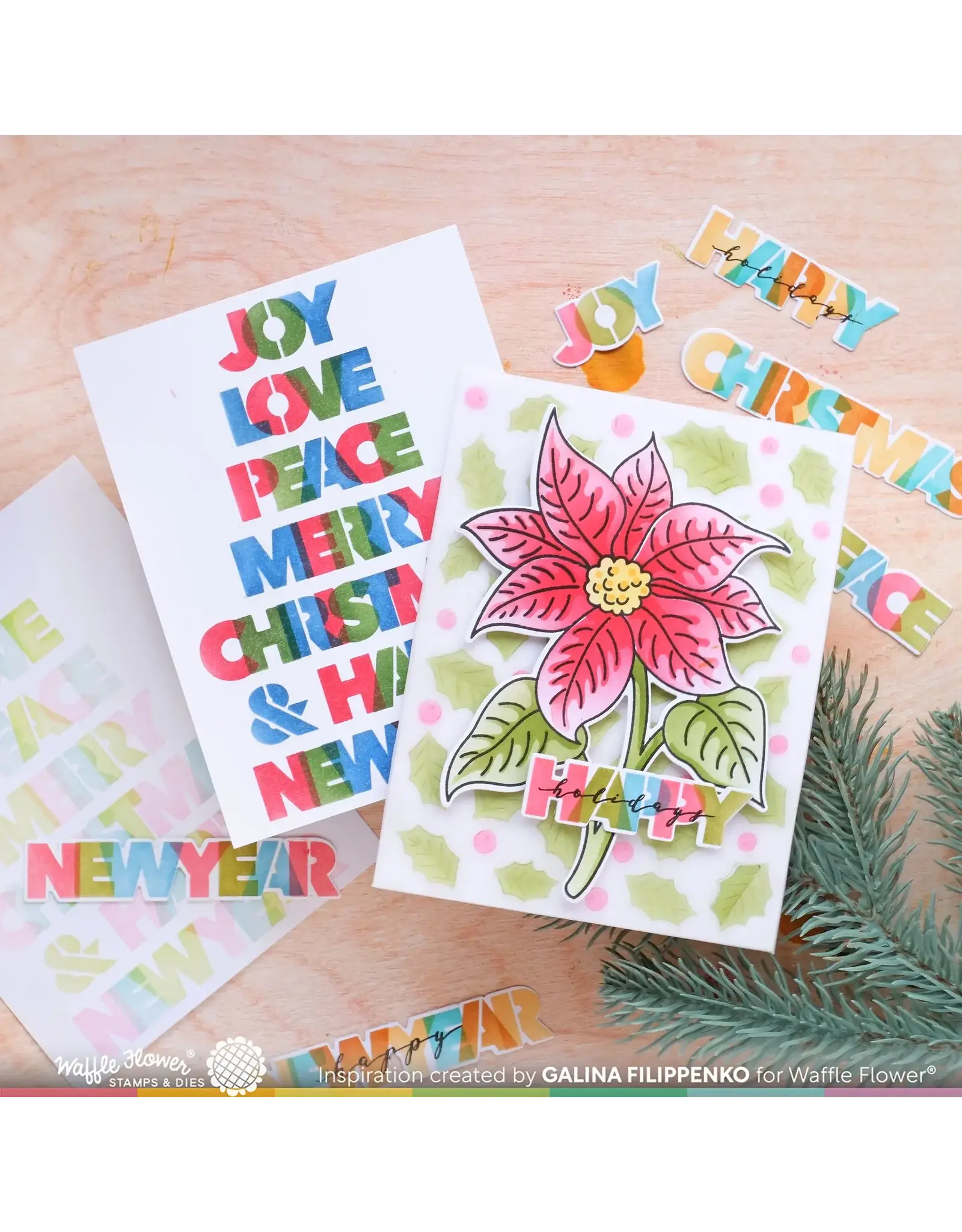 WAFFLE FLOWER WAFFLE FLOWER OVERLAPPING CHRISTMAS WORDS STENCIL TRIO