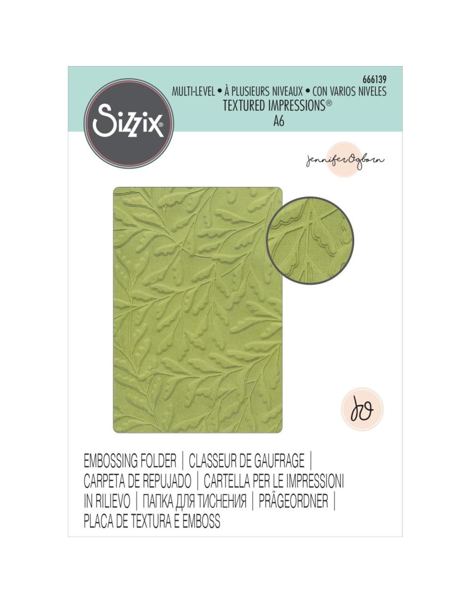 SIZZIX SIZZIX JENNIFER OGBORN TEXTURED IMPRESSIONS MULTI-LEVEL DELICATE LEAVES A6 EMBOSSING FOLDER