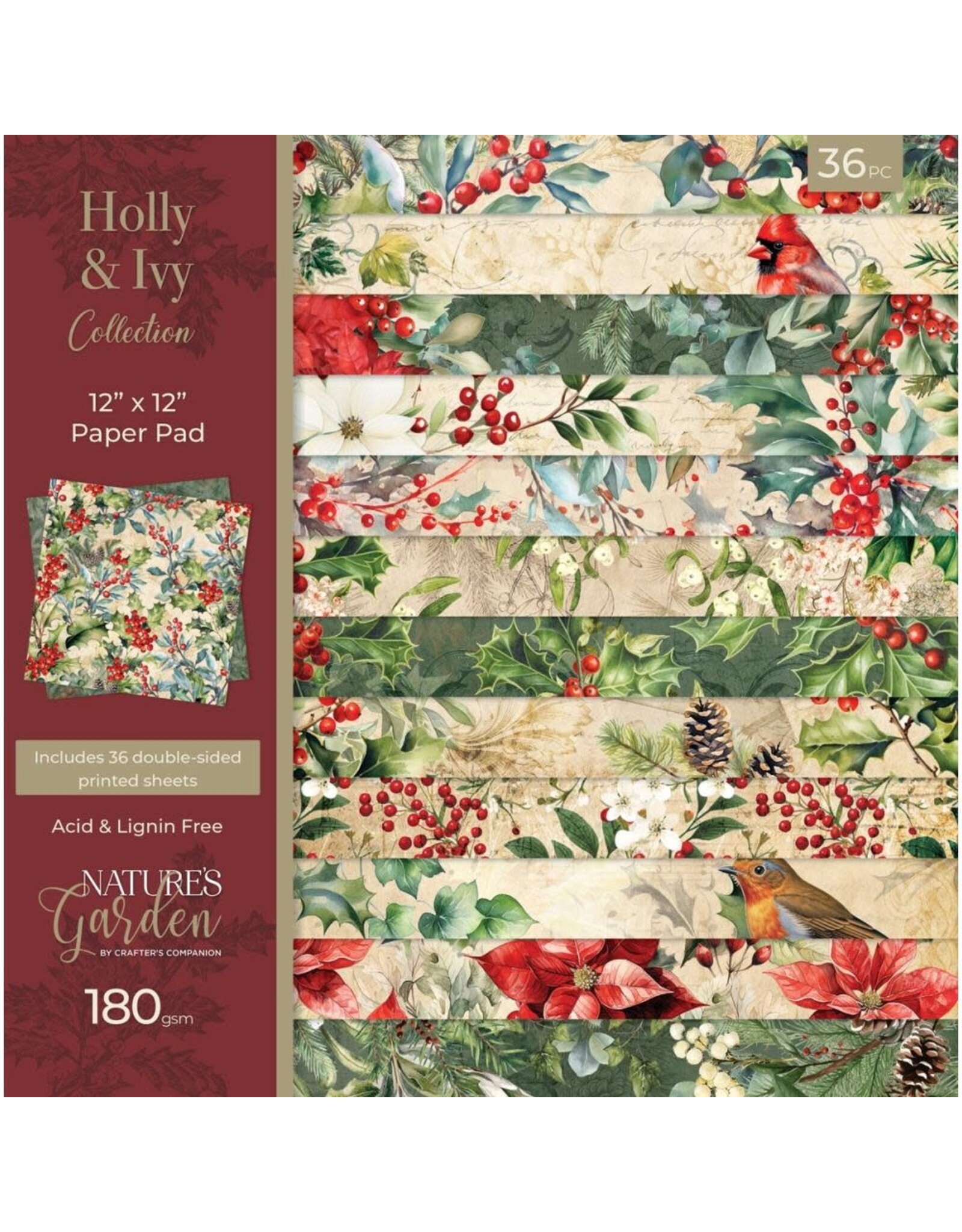 CRAFTERS COMPANION CRAFTERS COMPANION NATURE'S GARDEN HOLLY & IVY 12x12 PAPER PAD 36 SHEETS