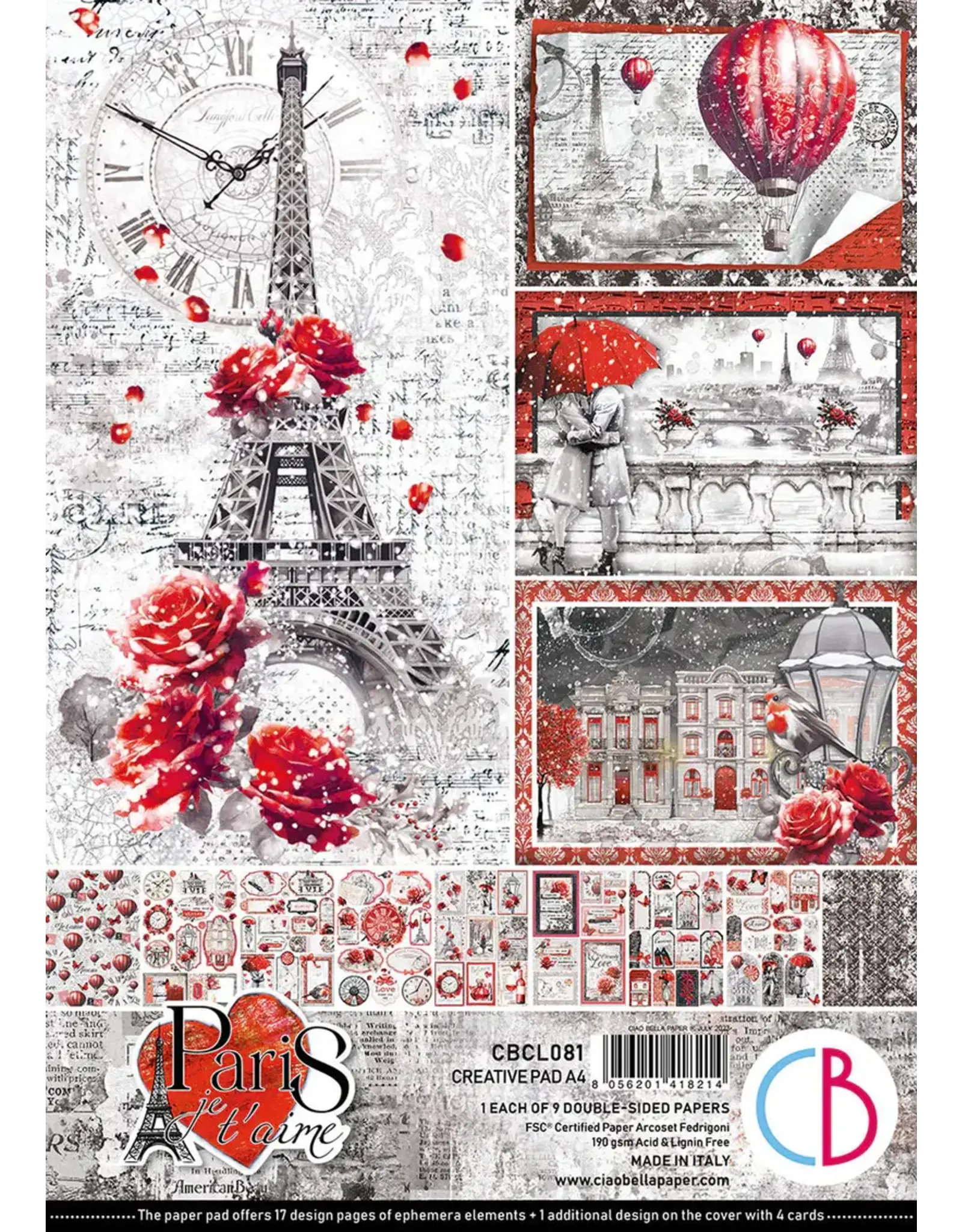 CIAO BELLA CIAO BELLA PARIS JE T'AIME A4 CREATIVE PAD 9 SHEETS