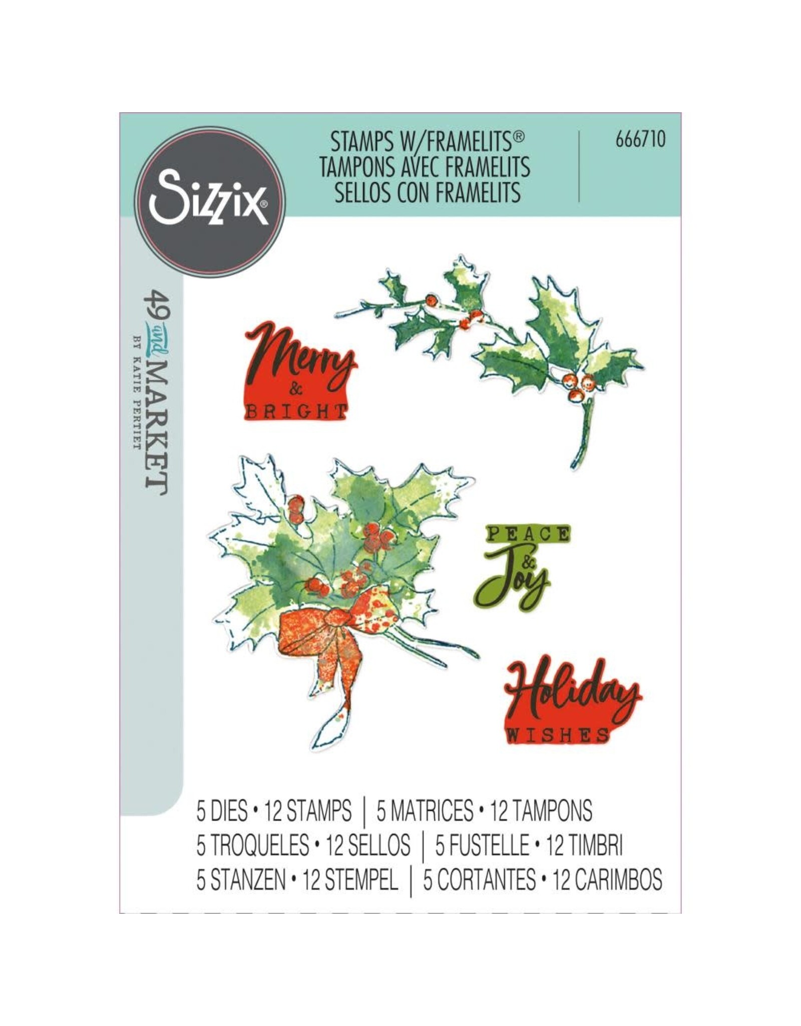 SIZZIX SIZZIX 49 AND MARKET PENCIL LINE HOLLY FRAMELITS DIE AND CLEAR STAMP SET