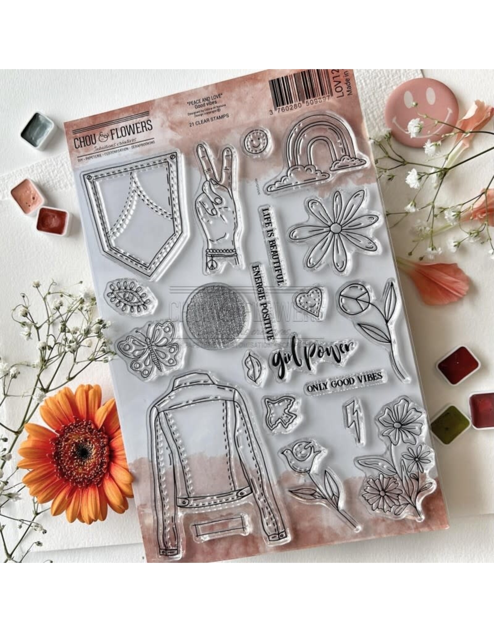 CHOU & FLOWERS CHOU & FLOWERS PEACE AND LOVE GOOD VIBES CLEAR STAMP SET