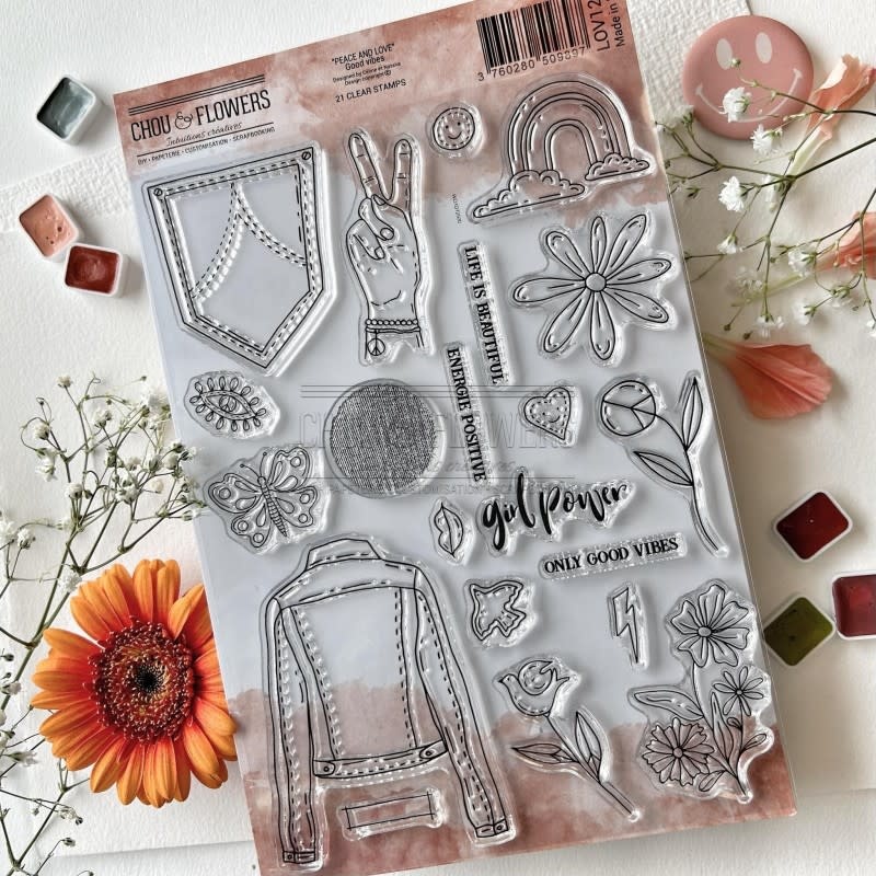 CHOU & FLOWERS CHOU & FLOWERS PEACE AND LOVE GOOD VIBES CLEAR STAMP SET