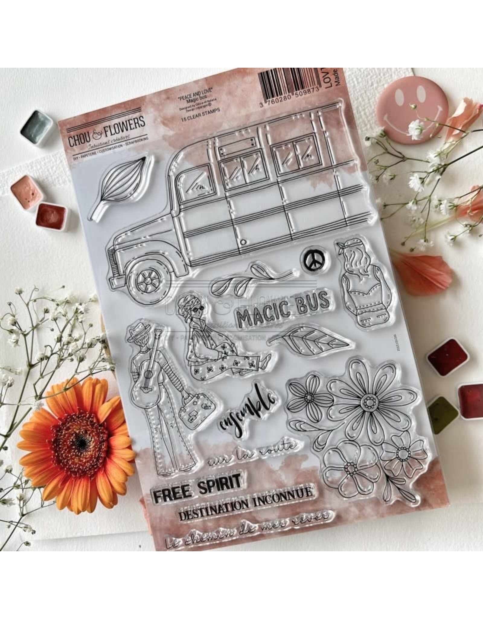 CHOU & FLOWERS CHOU & FLOWERS PEACE AND LOVE MAGIC BUS CLEAR STAMP SET