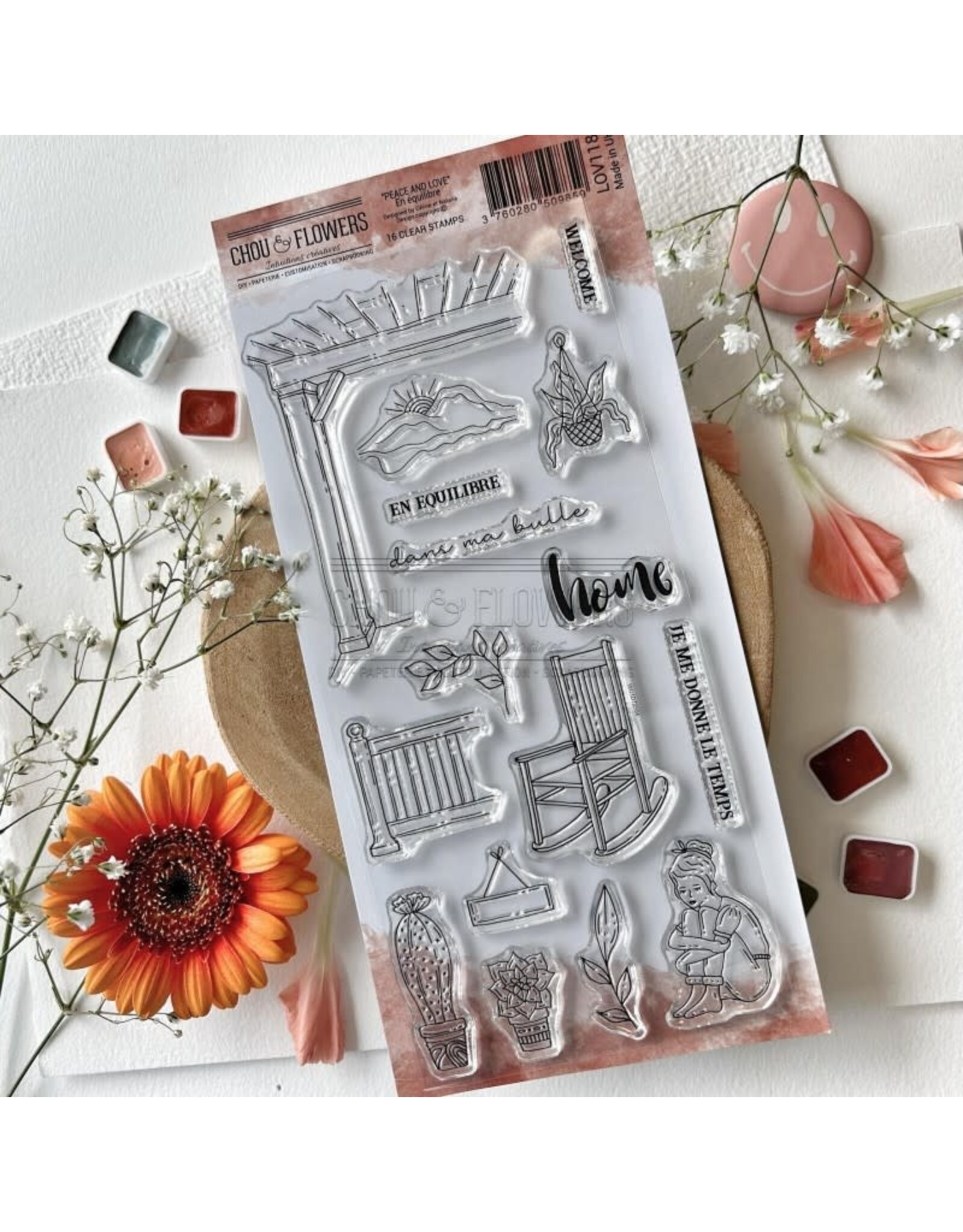 CHOU & FLOWERS CHOU & FLOWERS PEACE AND LOVE DL EN EQUILIBRE CLEAR STAMP SET
