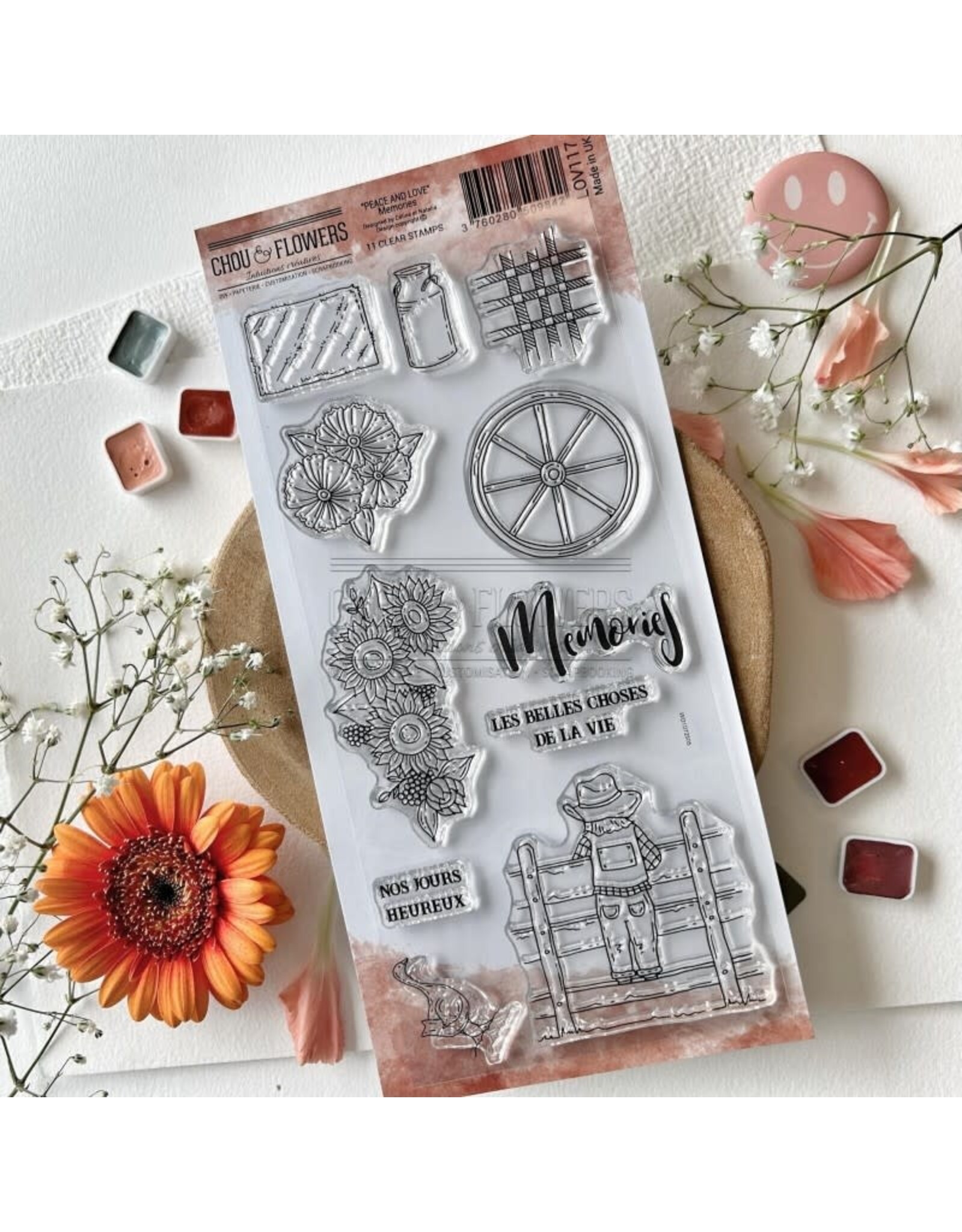 CHOU & FLOWERS CHOU & FLOWERS PEACE AND LOVE DL MEMORIES CLEAR STAMP SET