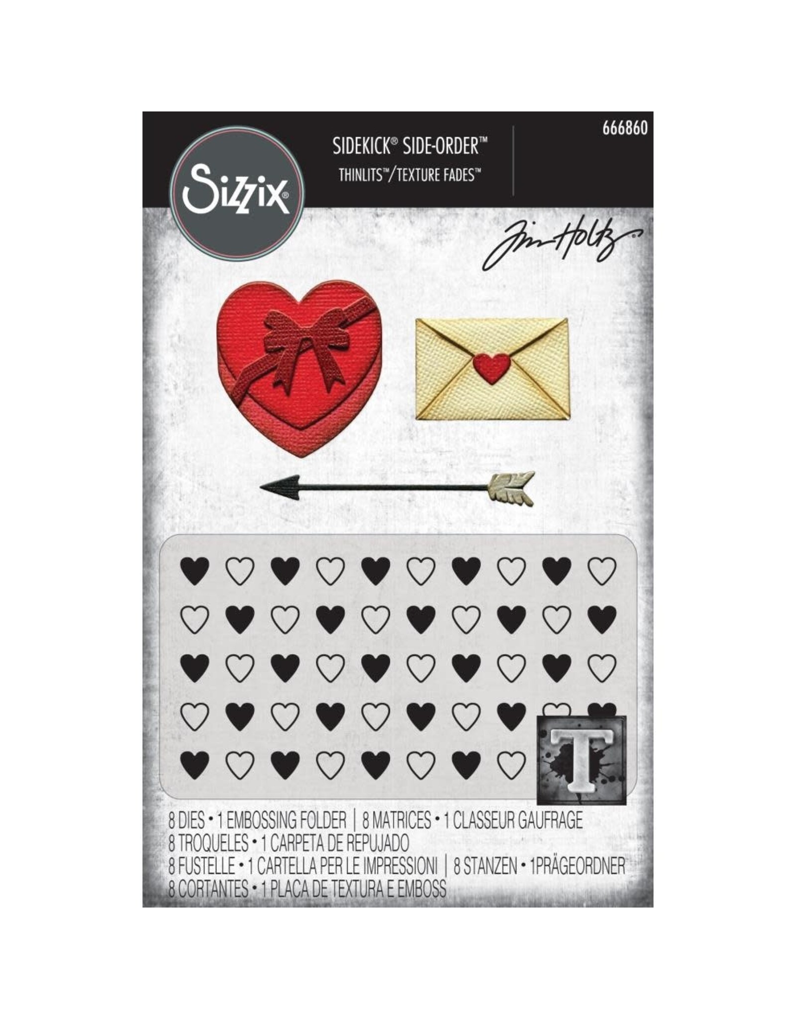 SIZZIX SIZZIX TIM HOLTZ SIDEKICK SIDE-ORDER THINLITS/ TEXTURE FADES LOVE NOTES EMBOSSING FOLDER & DIE SET