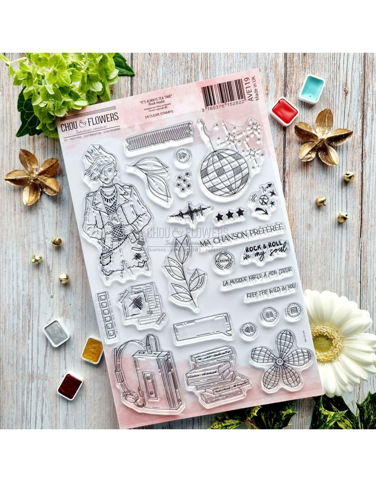 CHOU & FLOWERS CHOU & FLOWERS IT'S ALWAYS TEA TIME COLLECTION ROCK MUSIC CLEAR STAMP SET