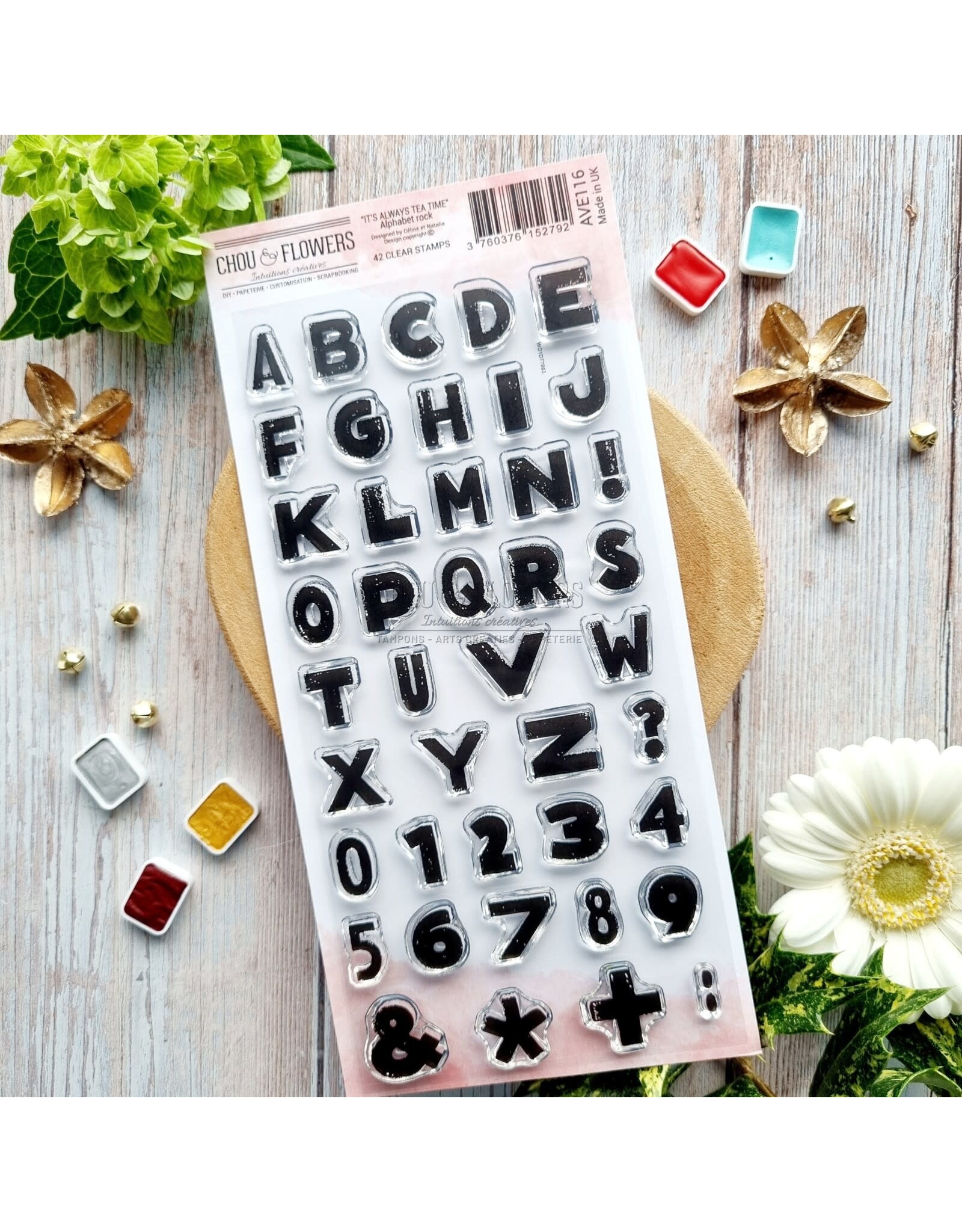 CHOU & FLOWERS CHOU & FLOWERS IT'S ALWAYS TEA TIME COLLECTION ALPHABET ROCK CLEAR STAMP SET