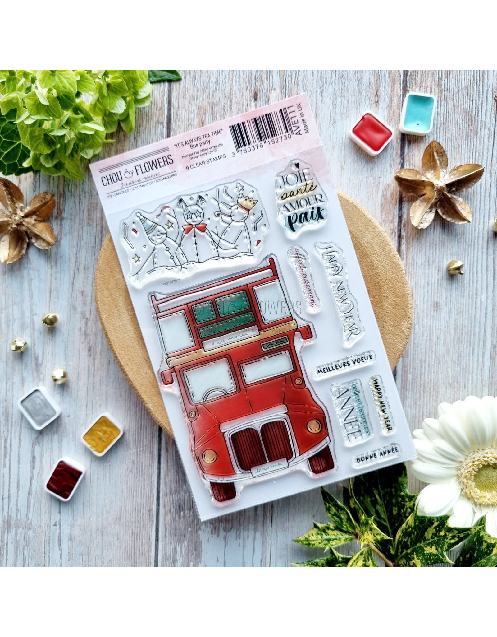 CHOU & FLOWERS CHOU & FLOWERS IT'S ALWAYS TEA TIME COLLECTION BUS PARTY CLEAR STAMP SET