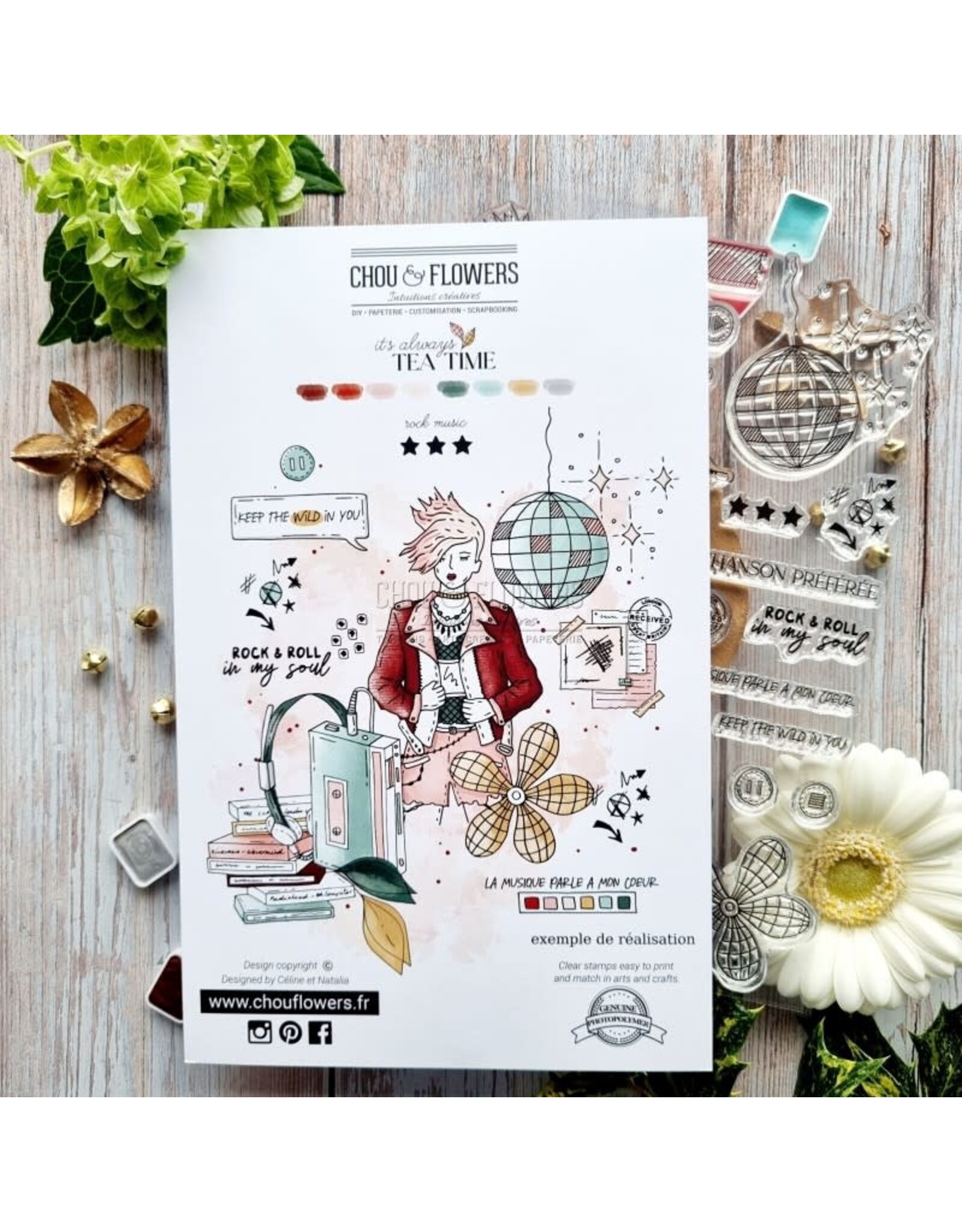 CHOU & FLOWERS CHOU & FLOWERS IT'S ALWAYS TEA TIME COLLECTION ROCK MUSIC CLEAR STAMP SET