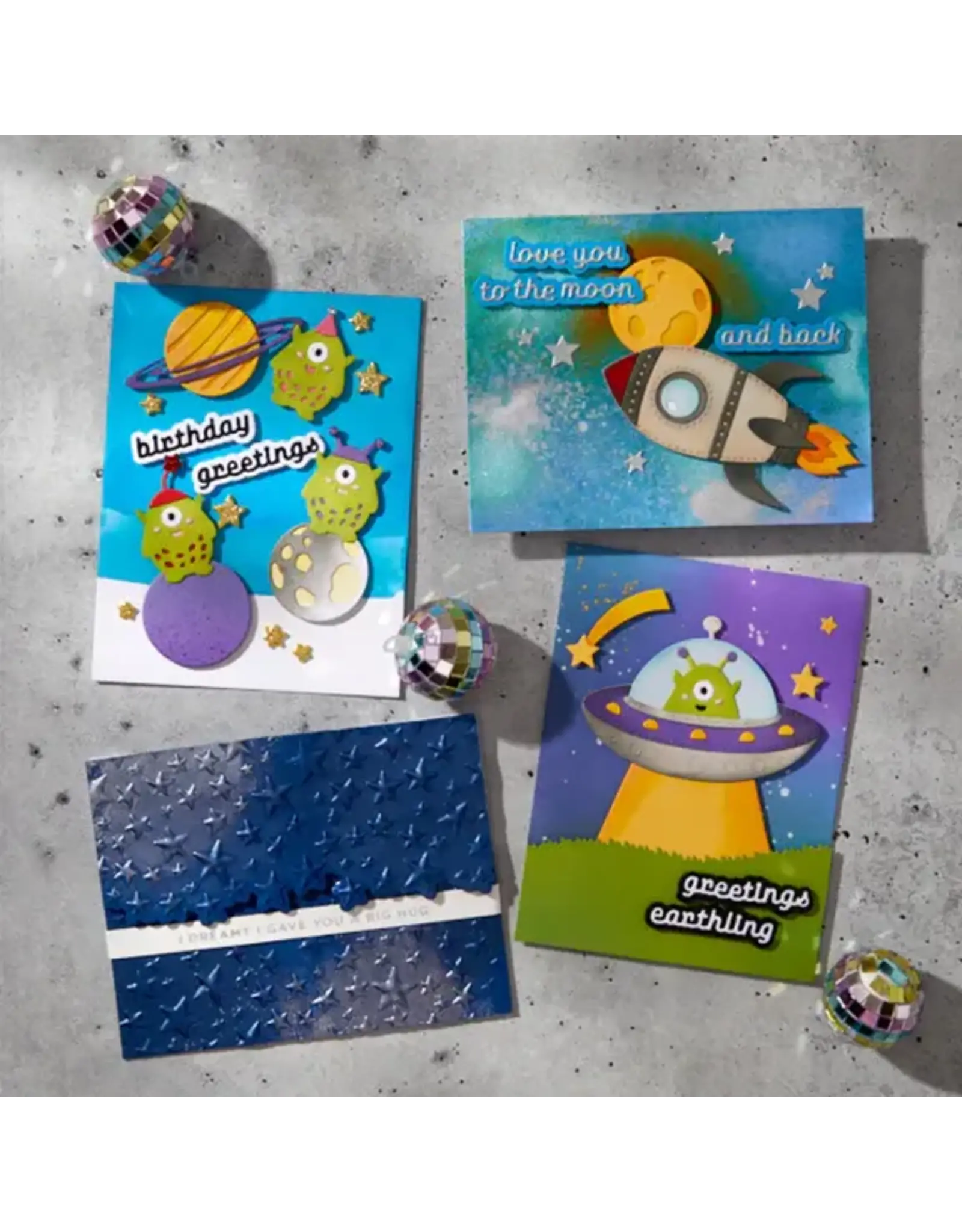 SPELLBINDERS SPELLBINDERS SIMON'S SPACE ADVENTURE COLLECTION STARRY NIGHT 3D EMBOSS & CUT EMBOSSING FOLDER & DIE SET & STENCIL