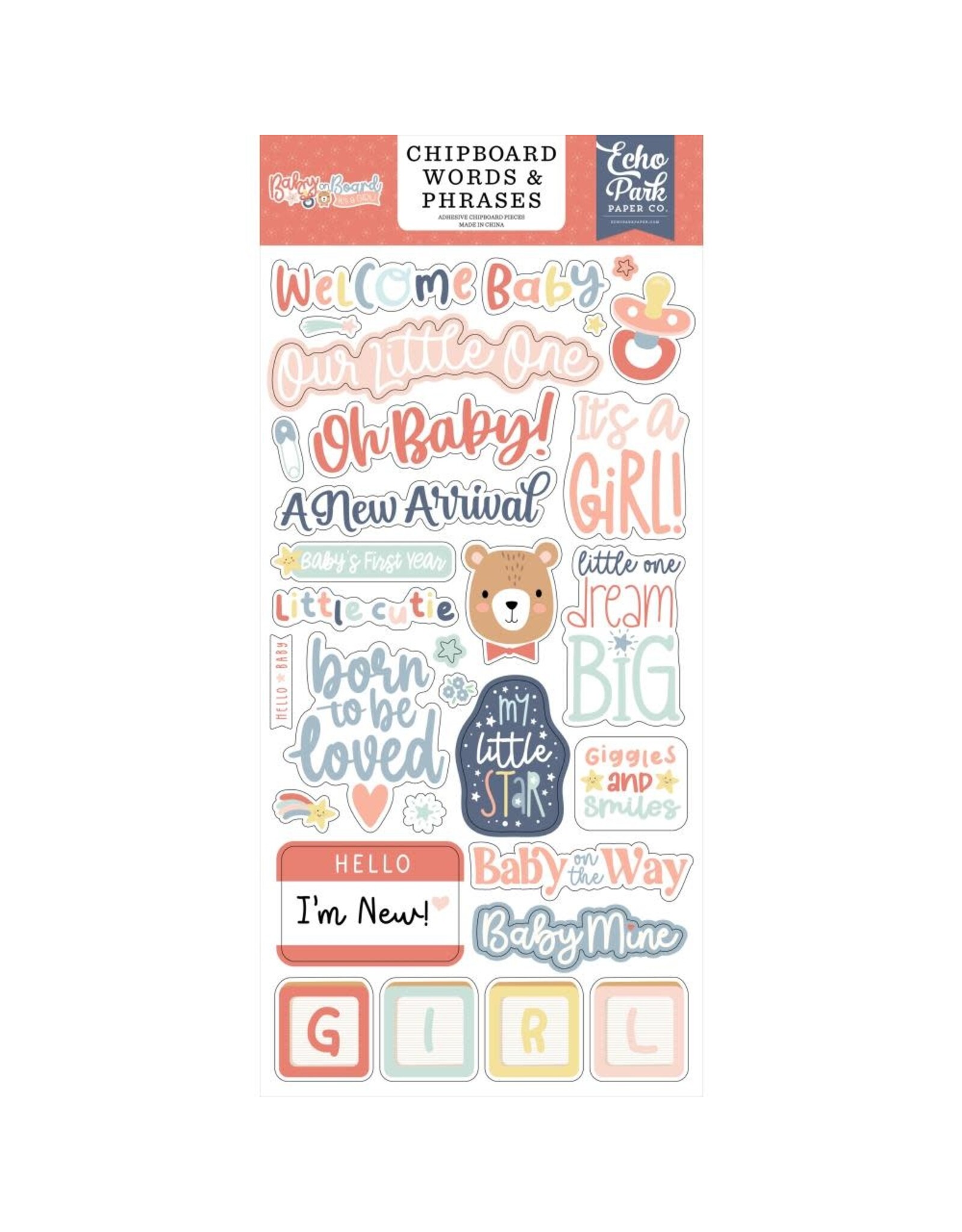 ECHO PARK PAPER ECHO PARK BABY ON BOARD GIRL 6x13 CHIPBOARD WORDS & PHRASES
