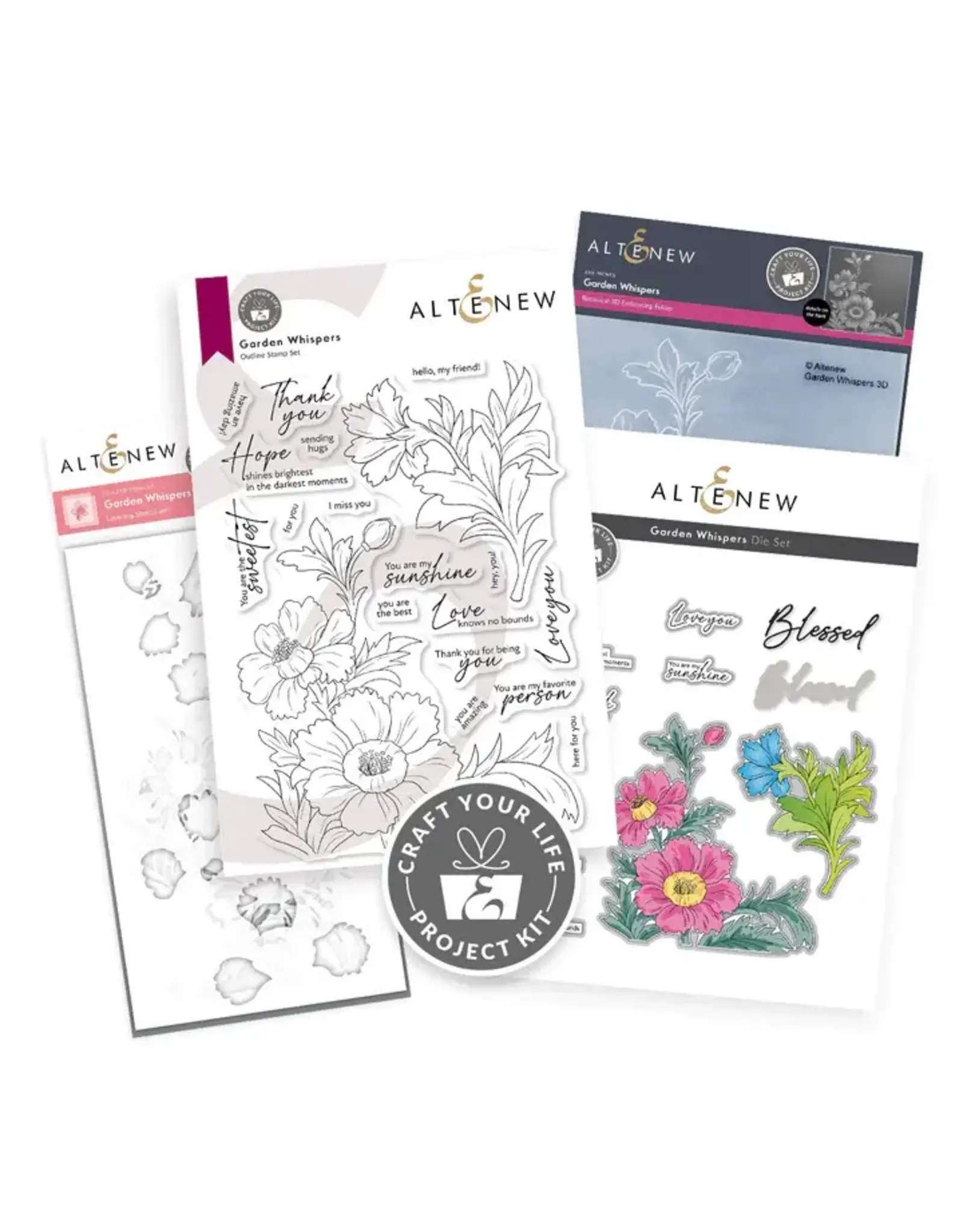 ALTENEW ALTENEW CRAFT YOUR LIFE PROJECT KIT: GARDEN WHISPERS CLEAR STAMP, STENCIL SET, 3D EMBOSSING FOLDER AND DIE SET BUNDLE