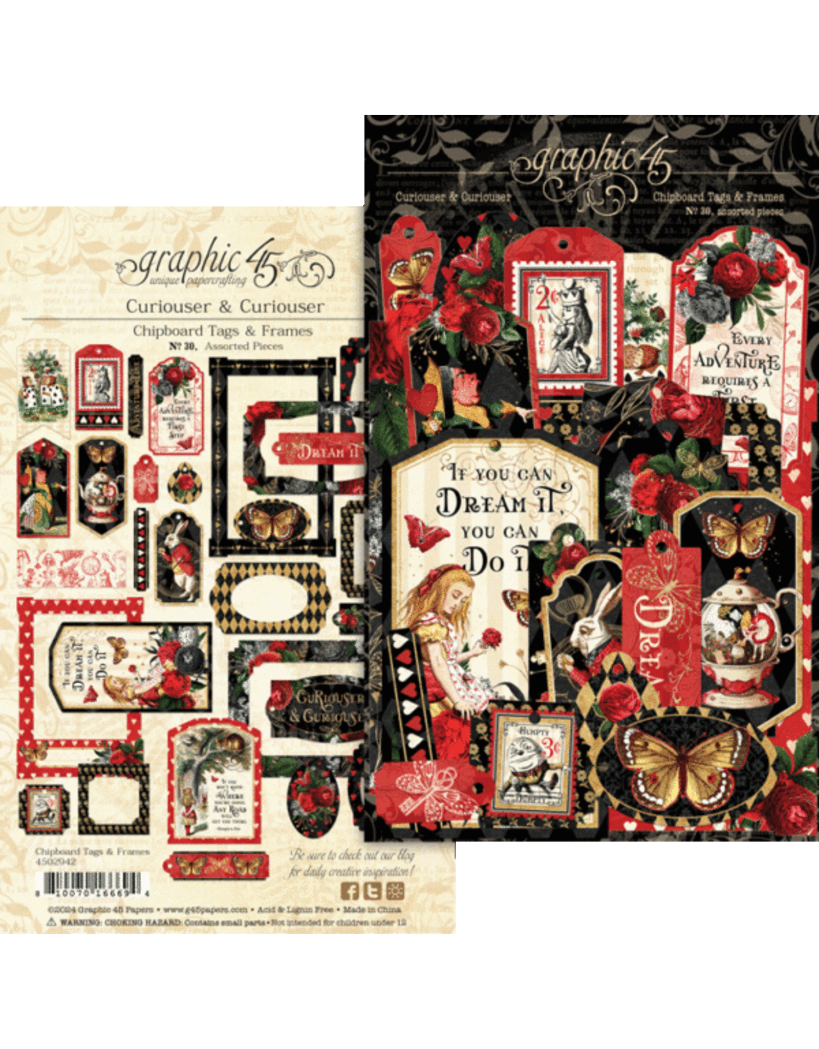 GRAPHIC 45 GRAPHIC 45 CURIOUSER & CURIOUSER CHIPBOARD TAGS & FRAMES 30/PK