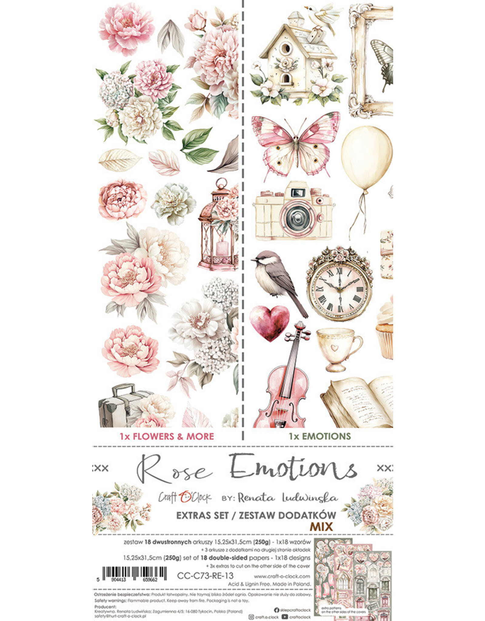 CRAFT O'CLOCK CRAFT O'CLOCK ROSE EMOTIONS EXTRAS SET-MIX 6x12 COLLECTION PACK 18 SHEETS