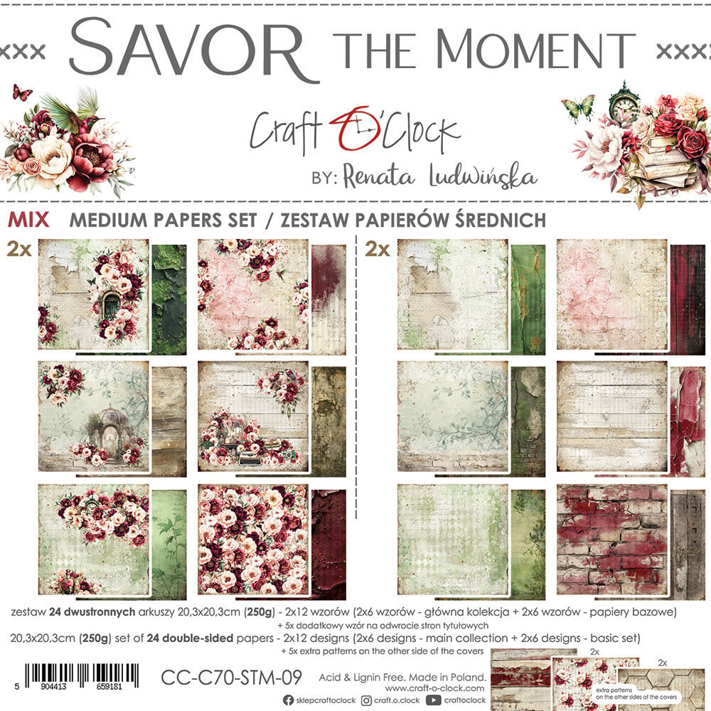 CRAFT O'CLOCK CRAFT O'CLOCK SAVOR THE MOMENT 8x8 MEDIUM-MIX PAPERS SET 24 SHEETS