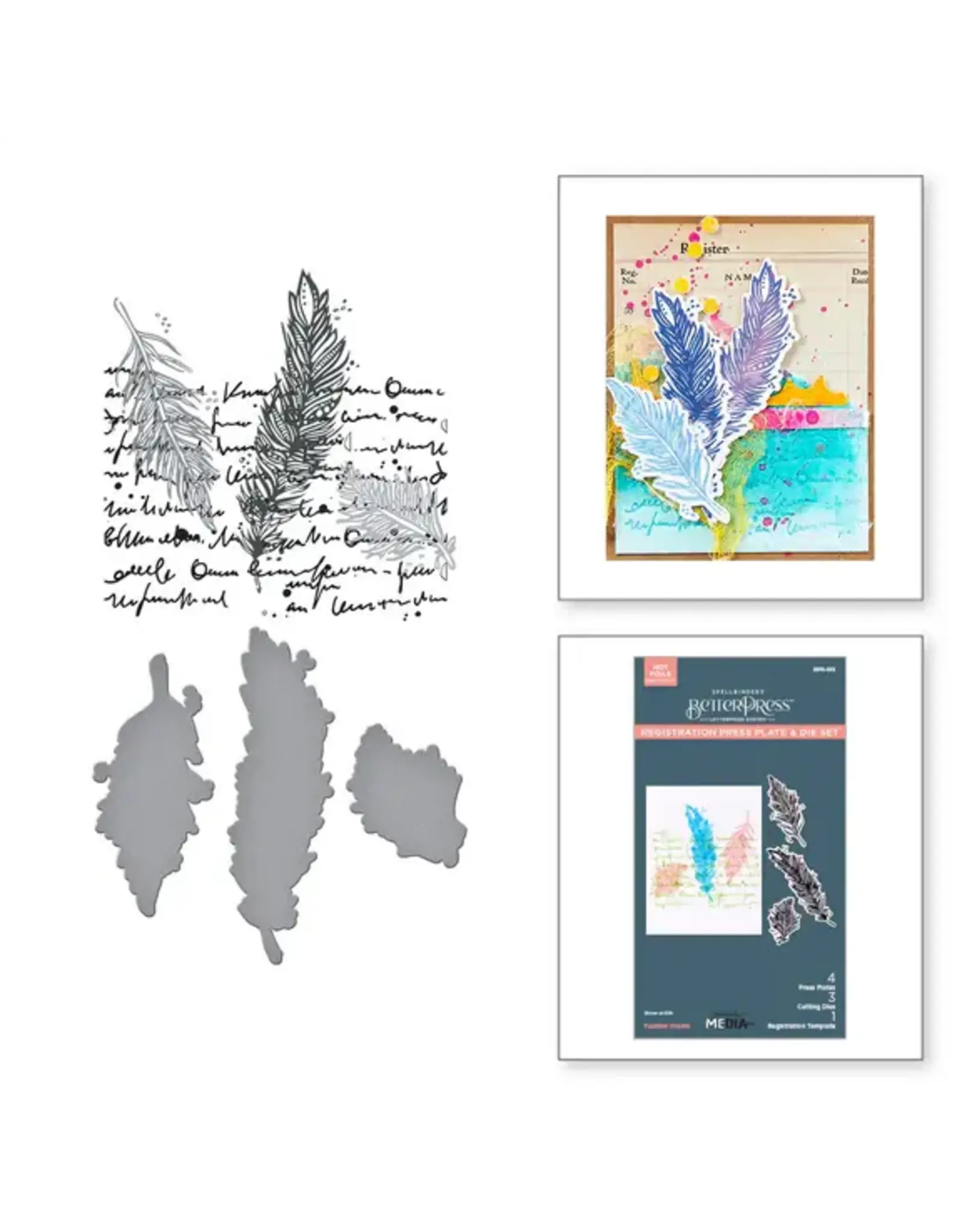 SPELLBINDERS SPELLBINDERS BETTERPRESS DINA WAKLEY COLLAGED BIRDS COLLECTION FEATHER DREAM PRESS PLATES & DIE SET