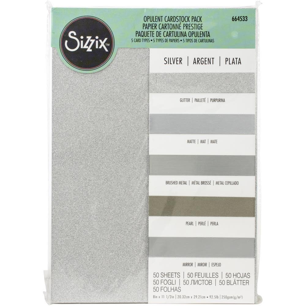 SIZZIX SIZZIX SILVER OPULENT CARDSTOCK PACK 5 TYPES/50 SHEETS