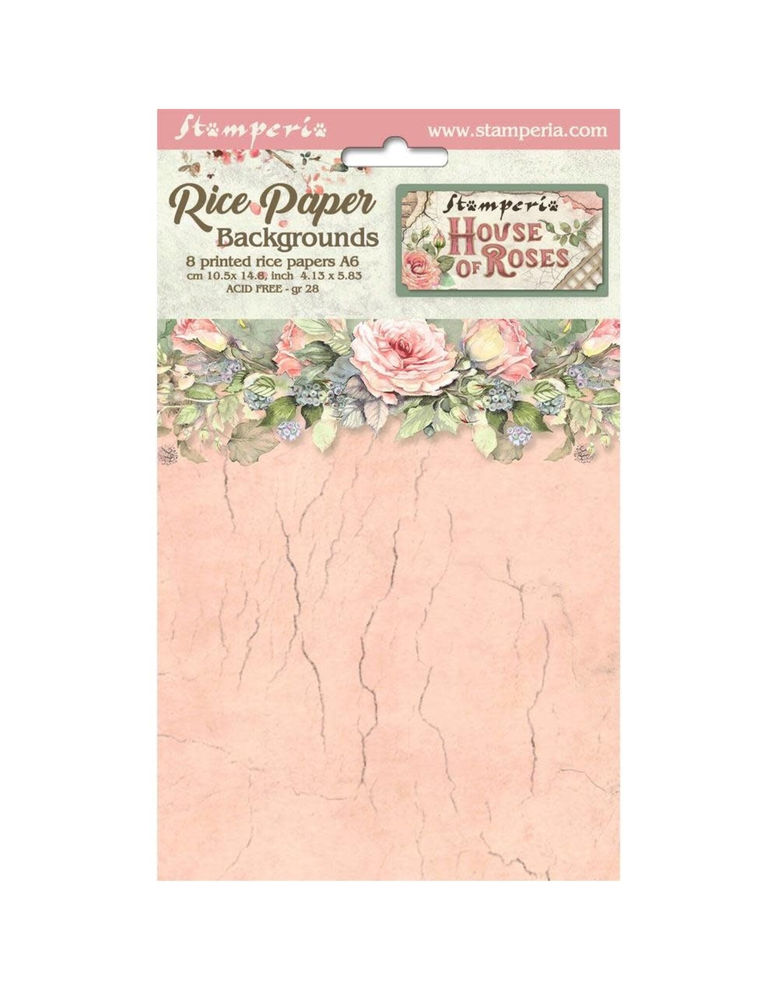 STAMPERIA STAMPERIA HOUSE OF ROSES ASSORTED A6 RICE PAPER DECOUPAGE BACKGROUNDS 10.5X14.8CM 8/PK