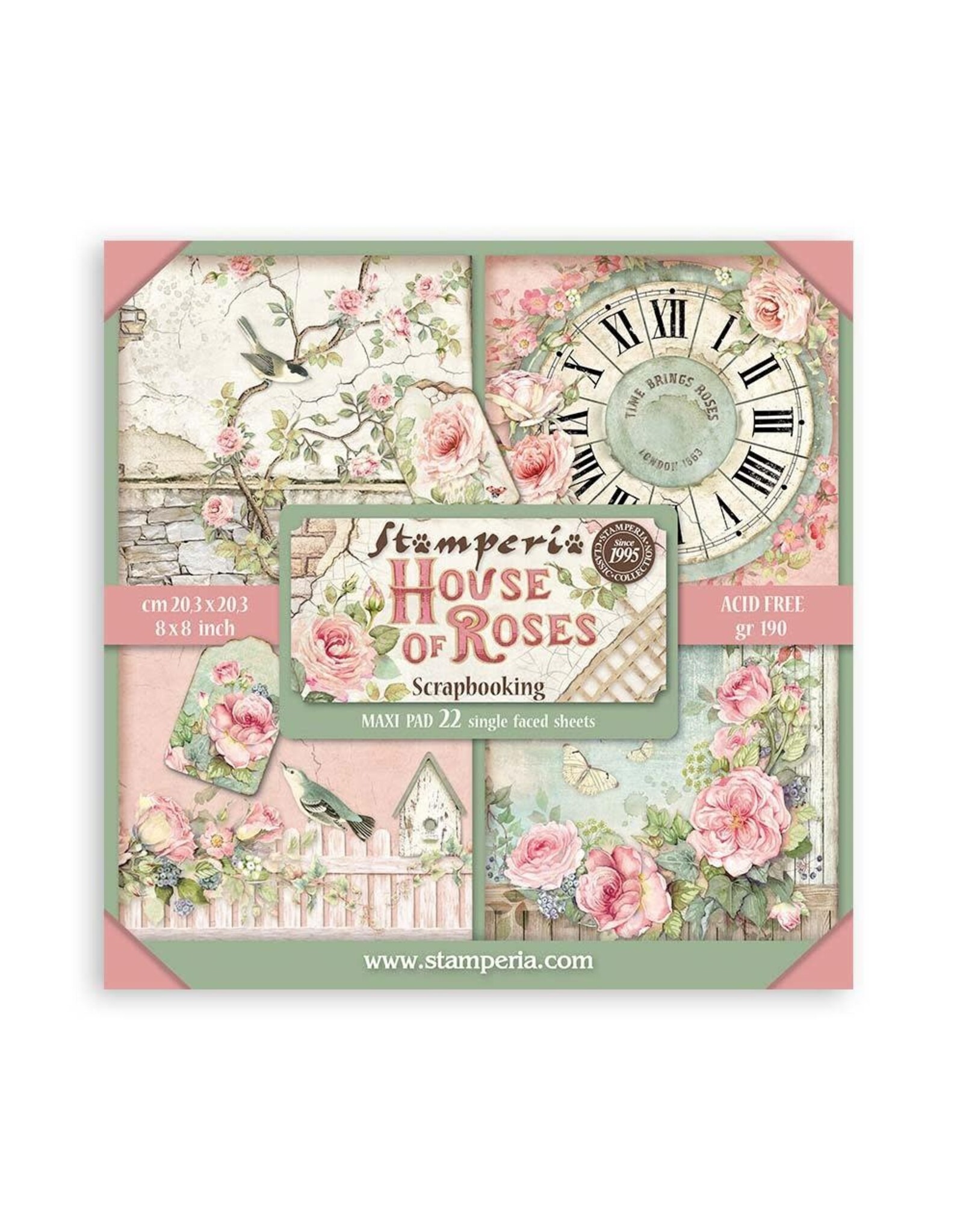 STAMPERIA STAMPERIA HOUSE OF ROSES MAXI PAD 8x8 PAPER PACK 22 SINGLE FACED SHEETS