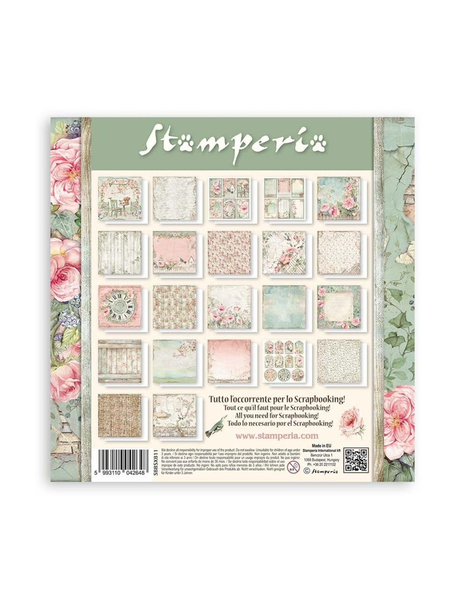 STAMPERIA STAMPERIA HOUSE OF ROSES MAXI PAD 8x8 PAPER PACK 22 SINGLE FACED SHEETS