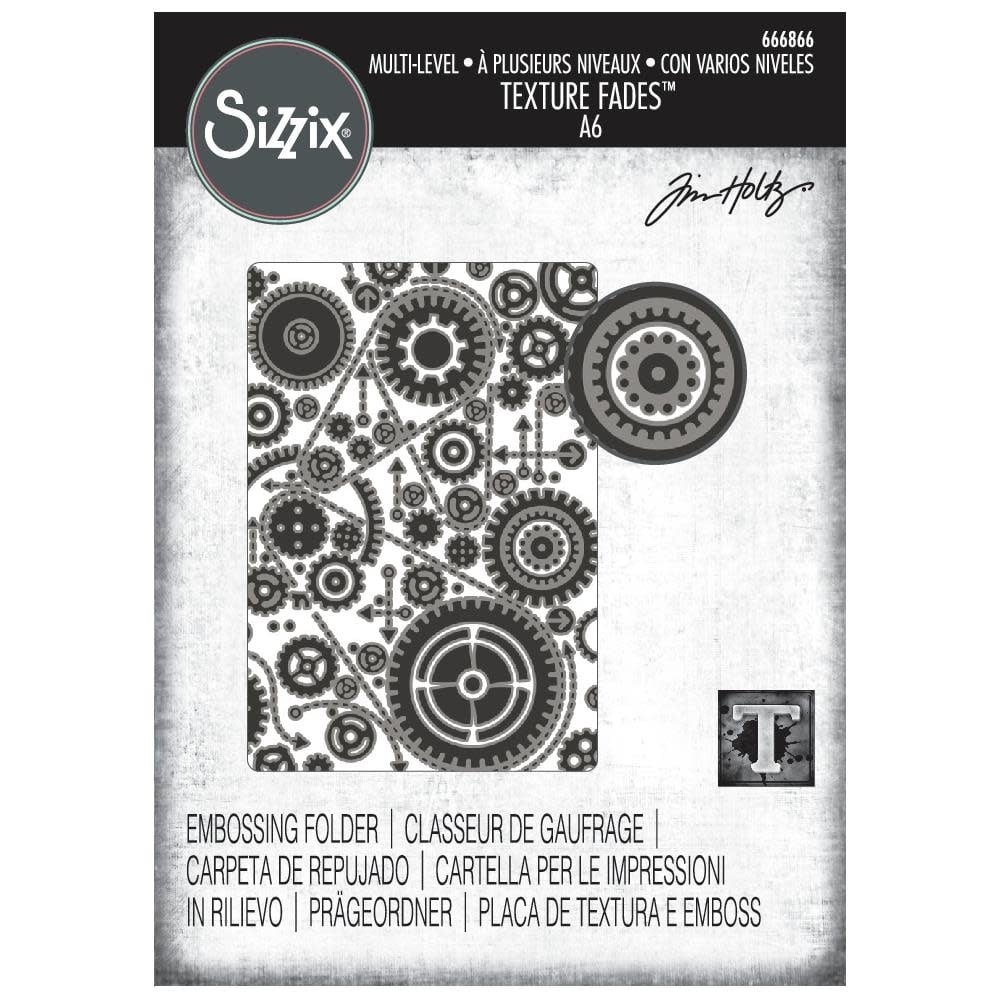 SIZZIX SIZZIX TIM HOLTZ MULTI-LEVEL TEXTURE FADES VAULT GEARS A6 EMBOSSING FOLDER
