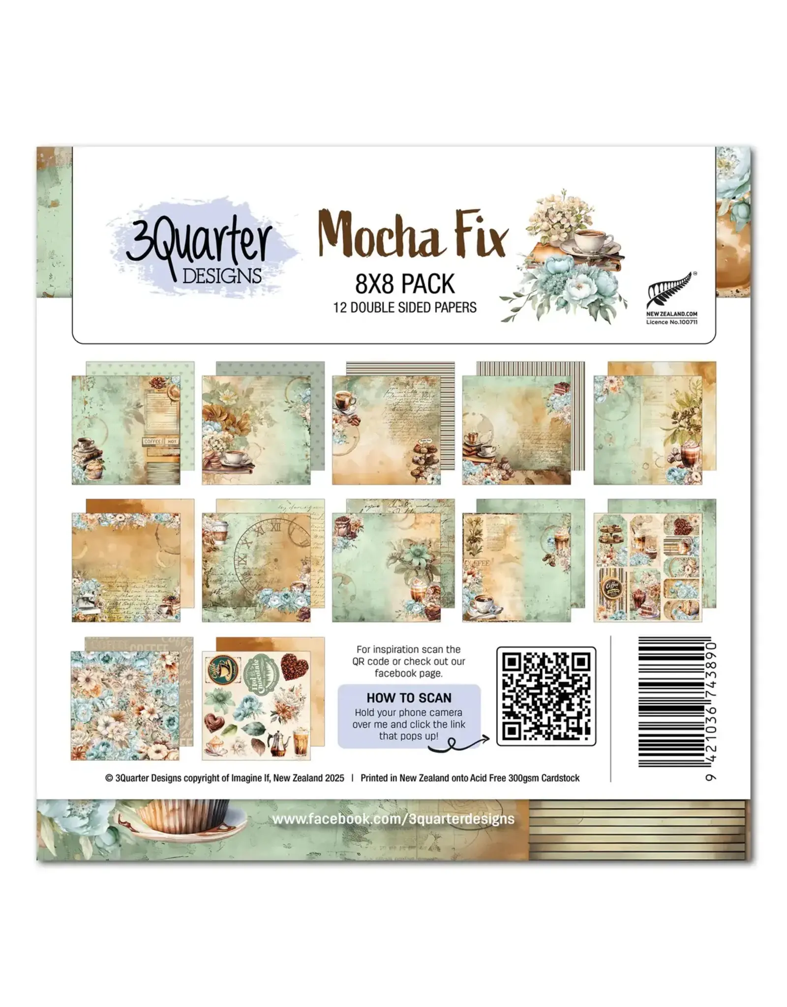 3QUARTER DESIGNS 3QUARTER DESIGNS MOCHA FIX 8x8 PAPER PACK 12 SHEETS