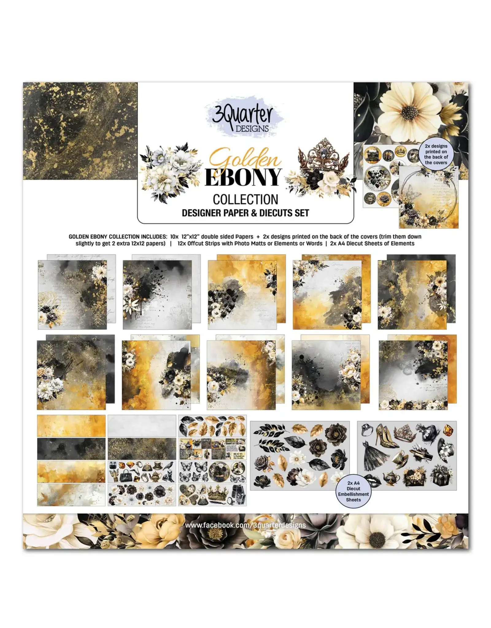3QUARTER DESIGNS 3QUARTER DESIGNS GOLDEN EBONY 12x12 DESIGNER PAPER & DIECUTS SET