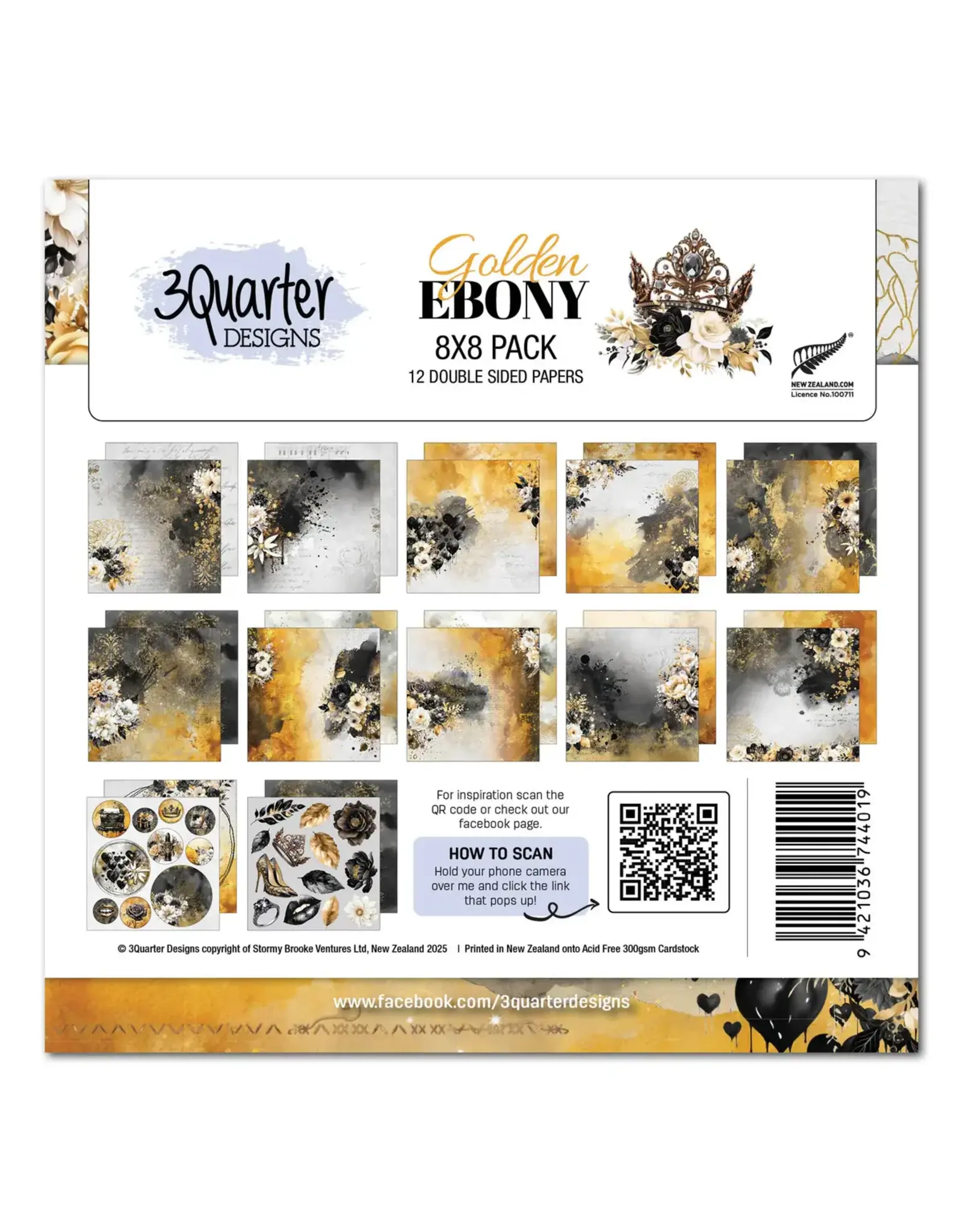 3QUARTER DESIGNS 3QUARTER DESIGNS GOLDEN EBONY 8x8 PAPER PACK 12 SHEETS