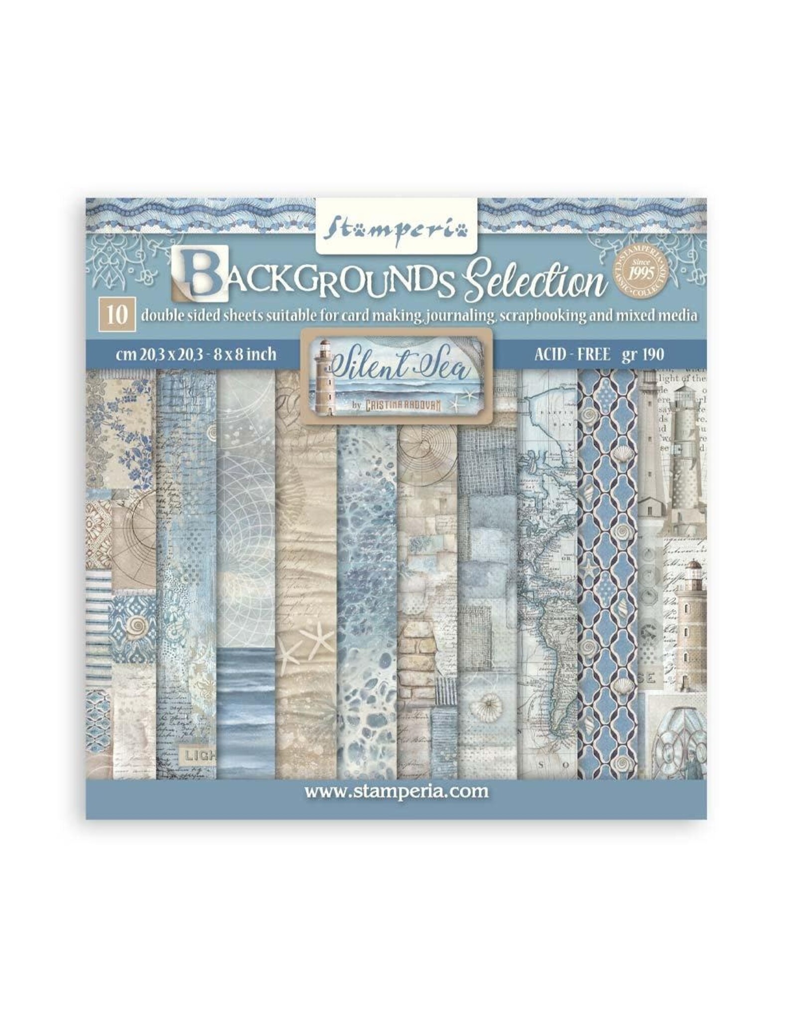STAMPERIA STAMPERIA SILENT SEA BACKGROUNDS SELECTION 8x8 COLLECTION PACK 10 SHEETS