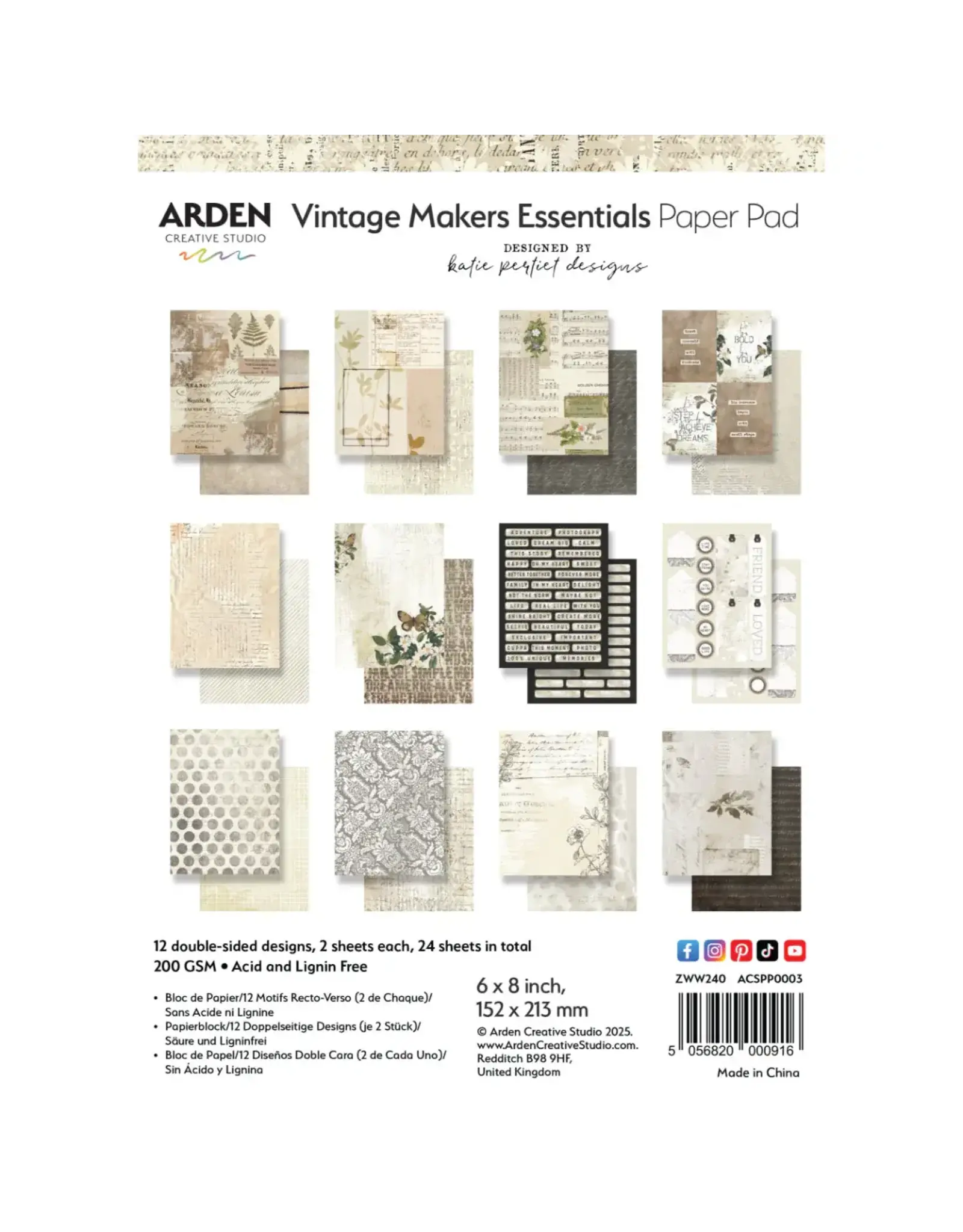 ARDEN CREATIVE STUDIO ARDEN CREATIVE STUDIO VINTAGE MAKERS ESSENTIALS 6x8 PAPER PAD