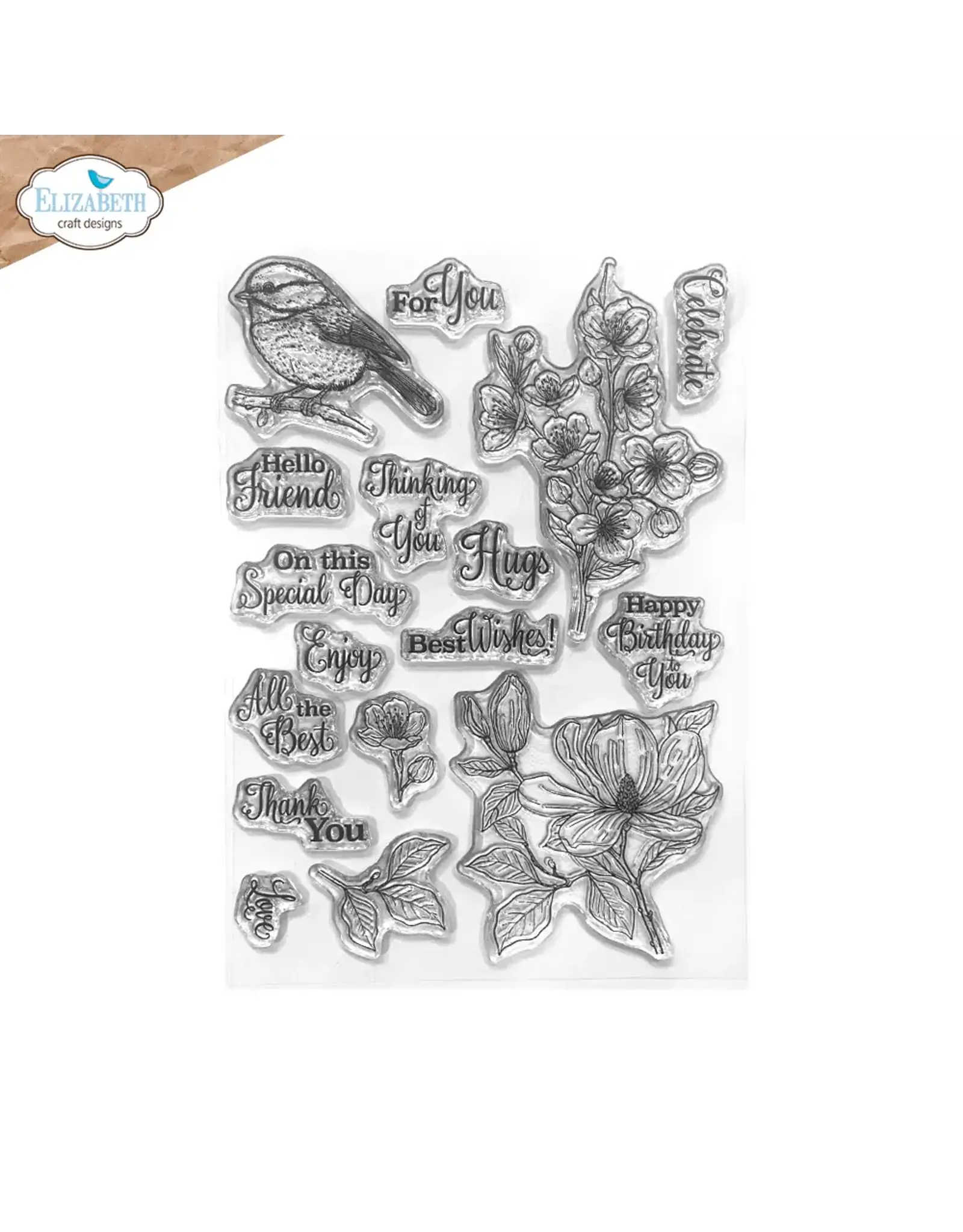 ELIZABETH CRAFT DESIGNS ELIZABETH CRAFT DESIGNS PAPER FLOWERS BY ANGELICA TURNER FLORAL BRANCHES & SENTIMENTS CLEAR STAMP SET