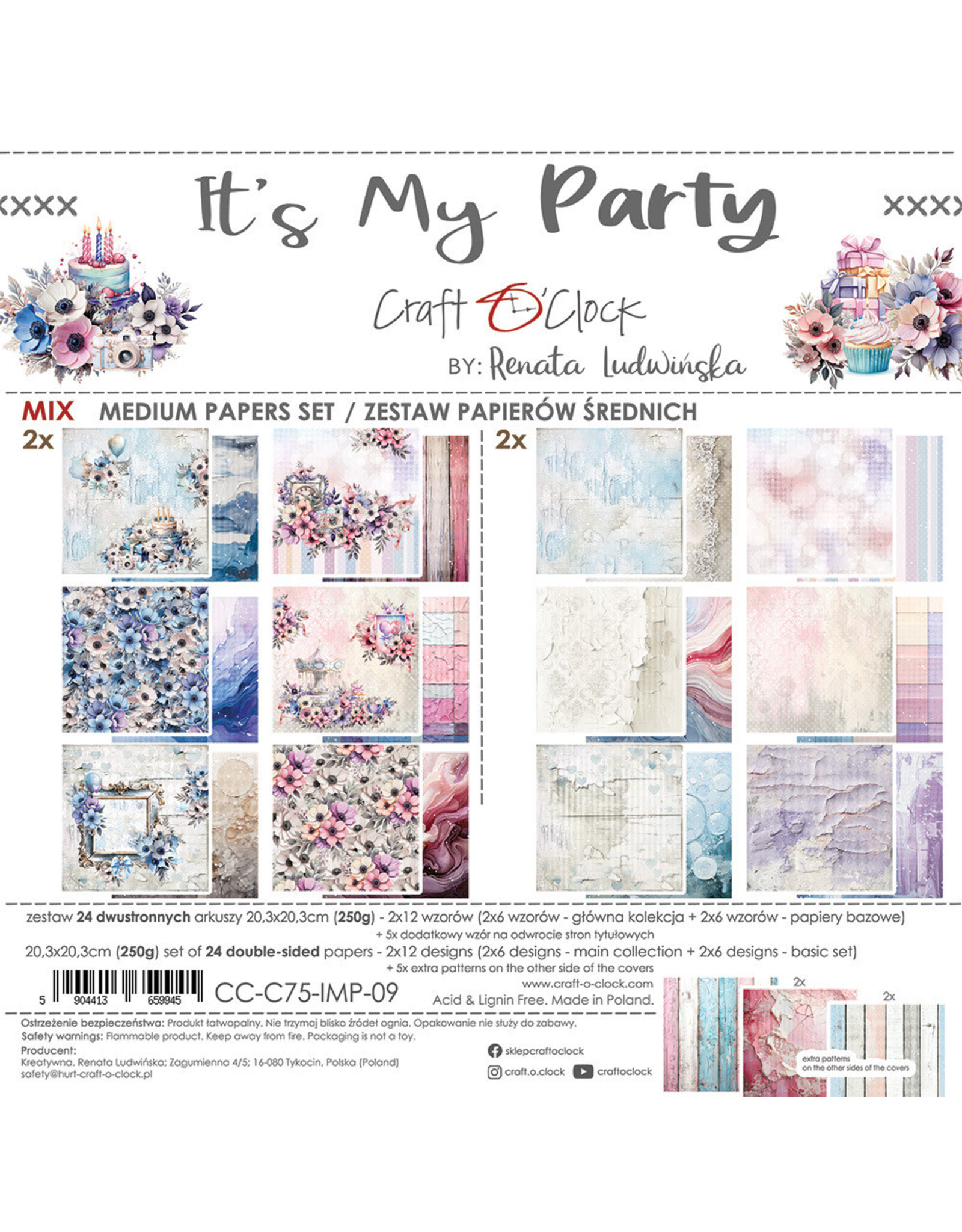 CRAFT O'CLOCK CRAFT O'CLOCK IT'S MY PARTY 8x8 MEDIUM-MIX PAPERS SET 24 SHEETS