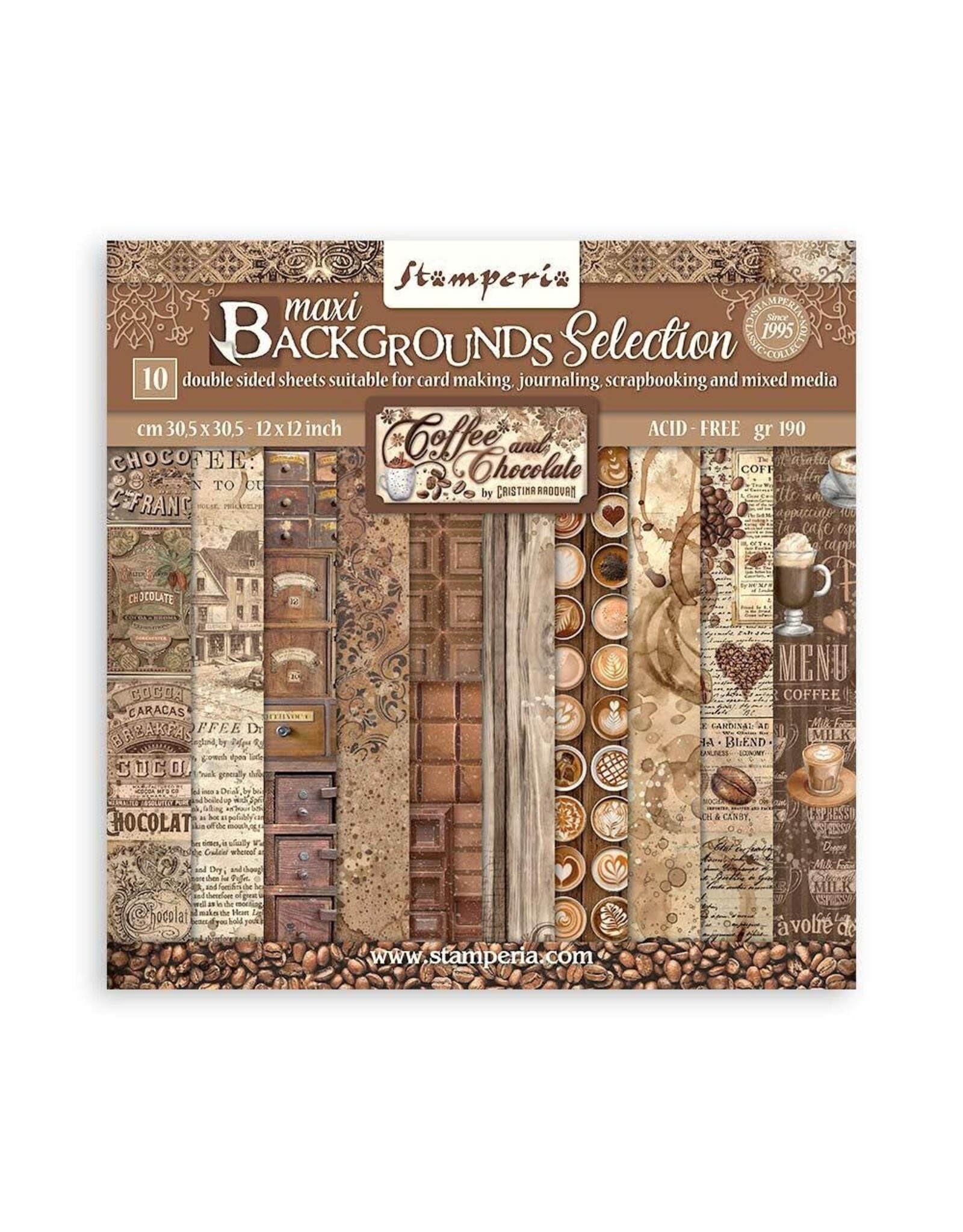 STAMPERIA STAMPERIA COFFEE AND CHOCOLATE BACKGROUNDS SELECTION 12X12 COLLECTION PACK 10 SHEETS