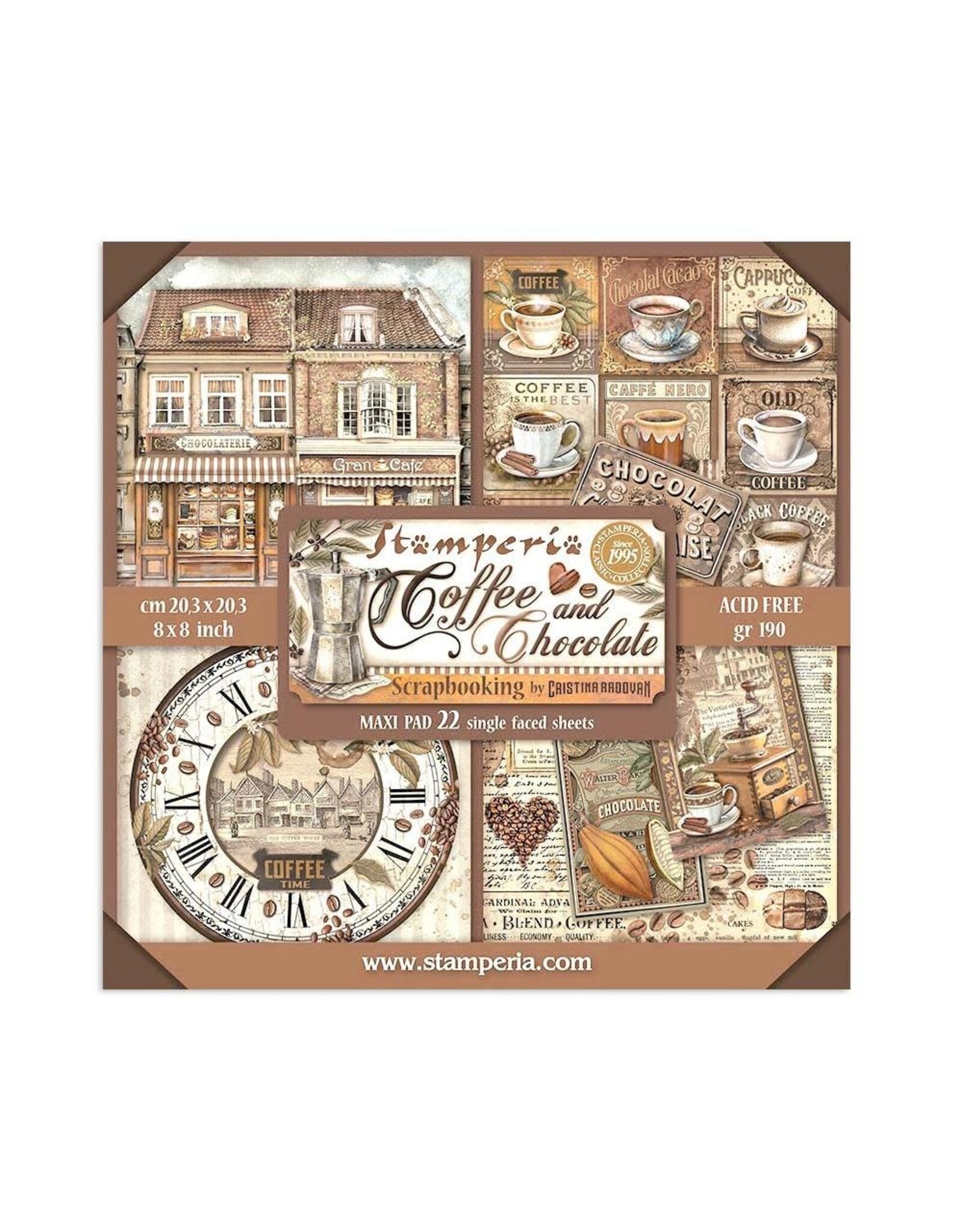 STAMPERIA STAMPERIA COFFEE AND CHOCOLATE MAXI PAD 8x8 PAPER PACK 22 SINGLE FACED SHEETS