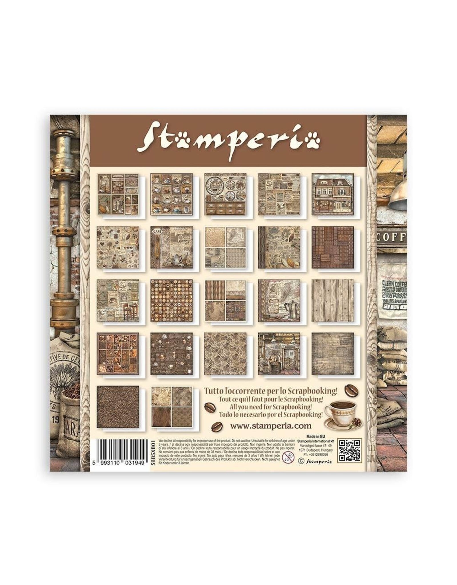 STAMPERIA STAMPERIA COFFEE AND CHOCOLATE MAXI PAD 8x8 PAPER PACK 22 SINGLE FACED SHEETS